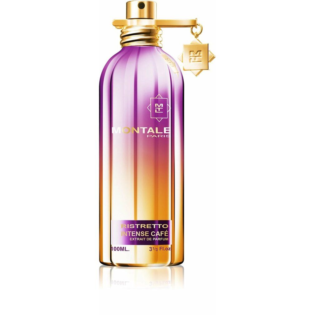Gold-violette Flasche mit Aufschrift. Anhänger mit Logo. Text: Ristretto Intense Cafe, 100ml, 3.4 Fl.oz.