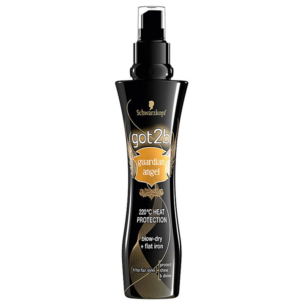 Schwarzkopf got2b Guardian Angel Hitzeschutzspray. Schwarze Flasche mit Sprühkopf. Text: 220°C Hitzeschutz, blow-dry + flat iron.