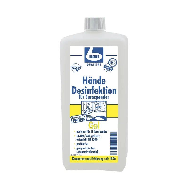 Weiße Flasche mit Handdesinfektionsgel für Eurospender. Marke: Becher Qualität.
