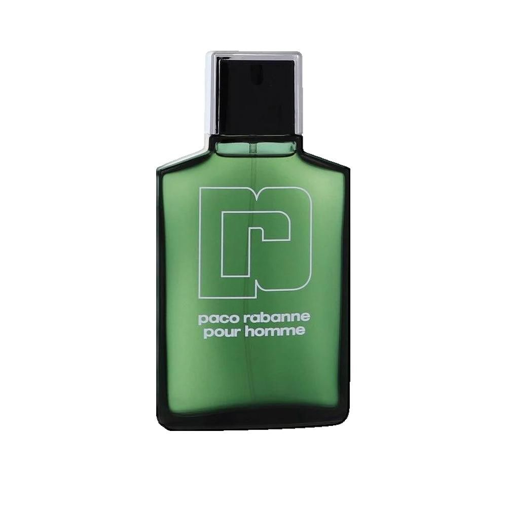 Grünes Paco Rabanne Pour Homme Eau de Toilette. Schwarzer Verschluss. Weißes Logo und Schriftzug.