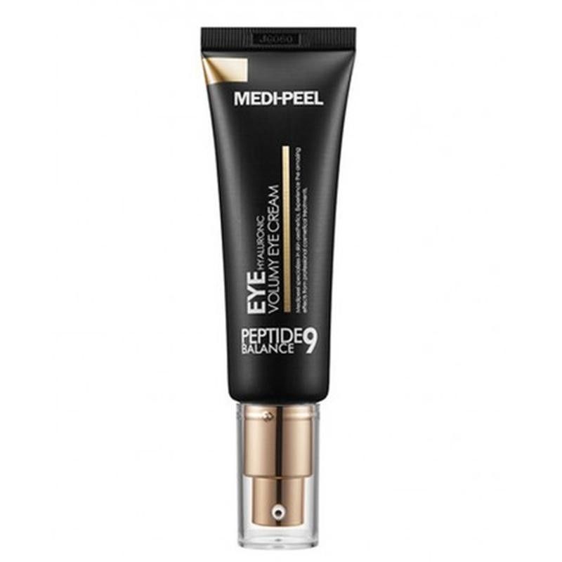 Schwarze Tube mit goldener Kappe und Aufschrift: MEDI-PEEL PEPTIDE 9 HYALURONIC VOLUMY EYE CREAM.