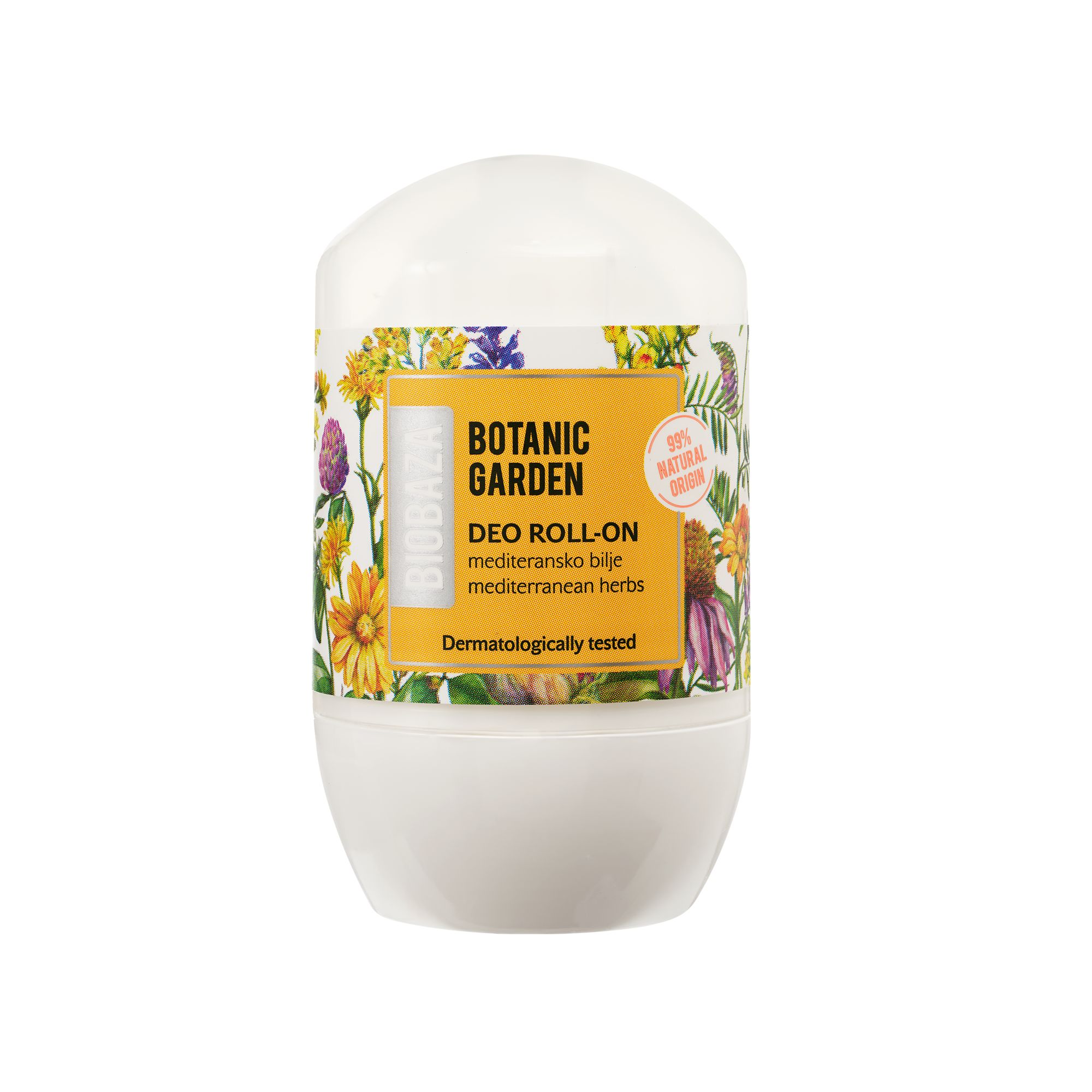 Weißer Deo Roll-on mit floralem Etikett. Auf dem Etikett steht 'Botanic Garden' und 'Dermatologisch getestet'.