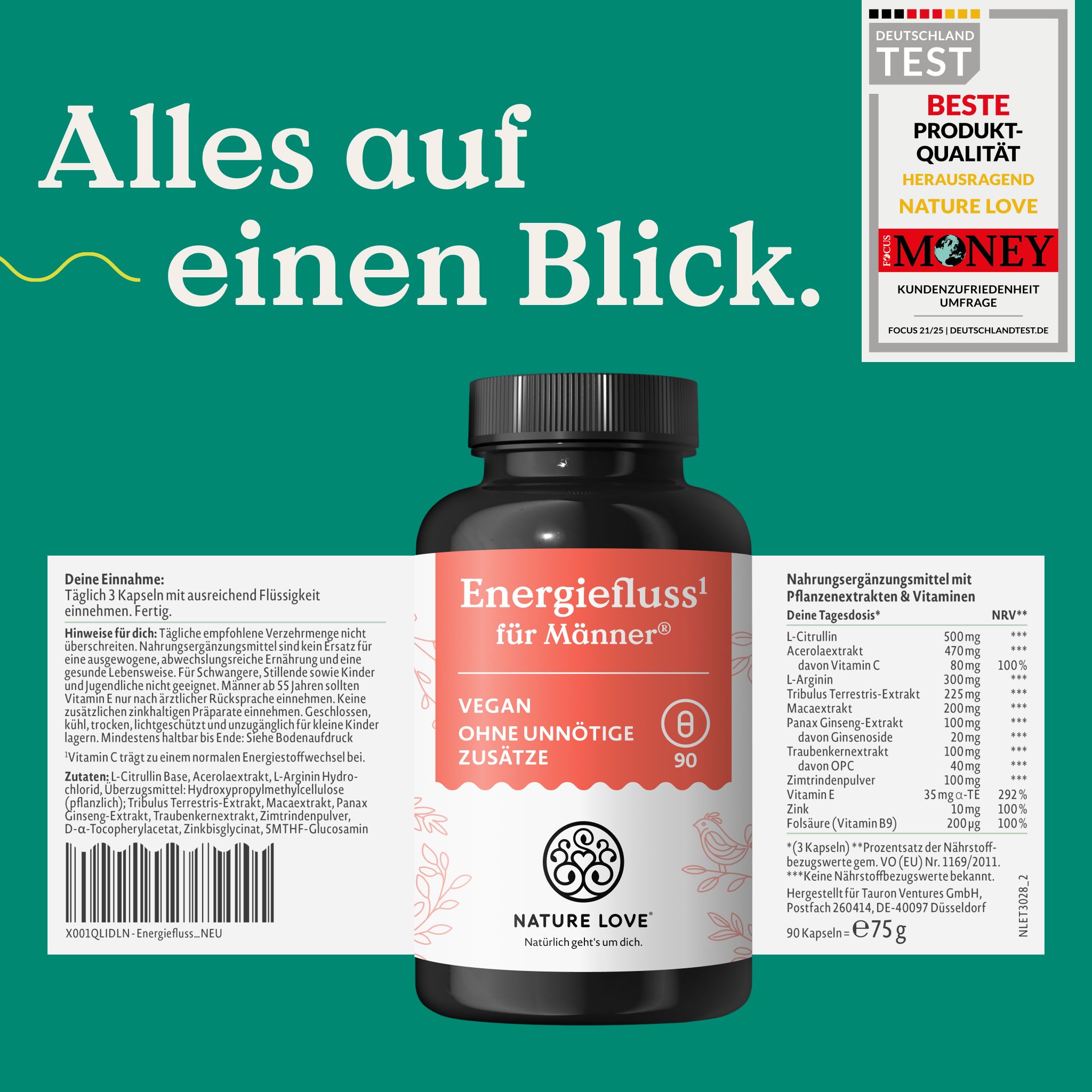 NATURE LOVE® Energiefluss für Männer - 90 Kapseln - Mit Tribulus Terrestris Extrakt, Maca Extrakt