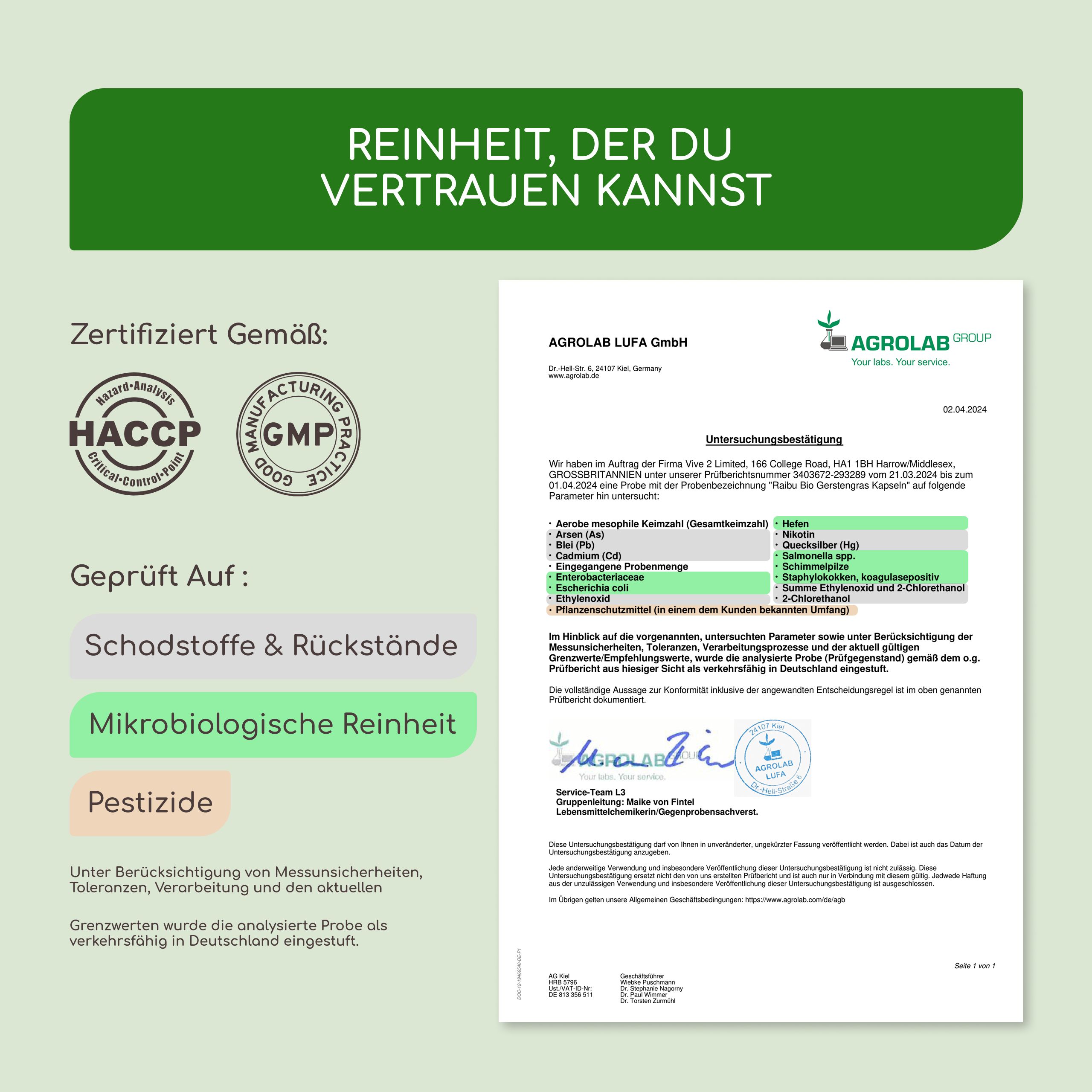 Zertifizierungsdokumente. Zertifiziert gemäß HACCP, GMP. Geprüft auf Schadstoffe & Rückstände, mikrobiologische Reinheit, Pestizide.