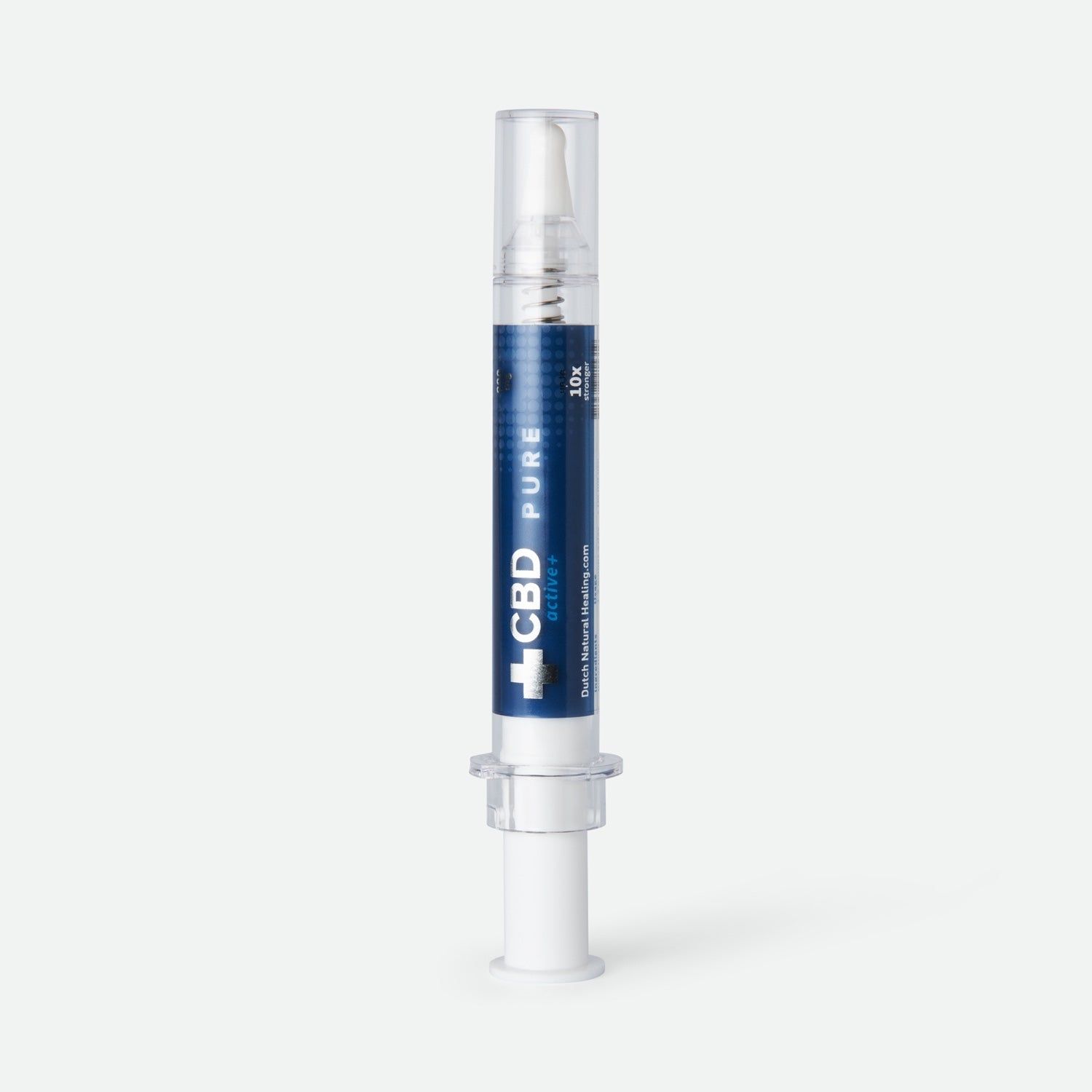 Pumpspritze mit blau-weißem Etikett. Beschriftung: CBDactive+ Pure, 8%. Transparenter Behälter mit Dosierpumpe.