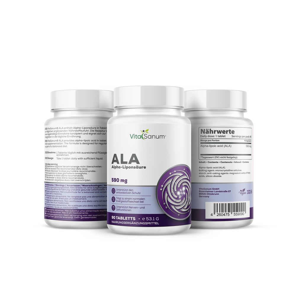 Drei weiße Flaschen VitaSanum®-ALA. Aufschrift: ALA Alpha-Liponsäure, 590 mg. Lila Design. 90 Tabletten. Nahrungsergänzungsmittel.