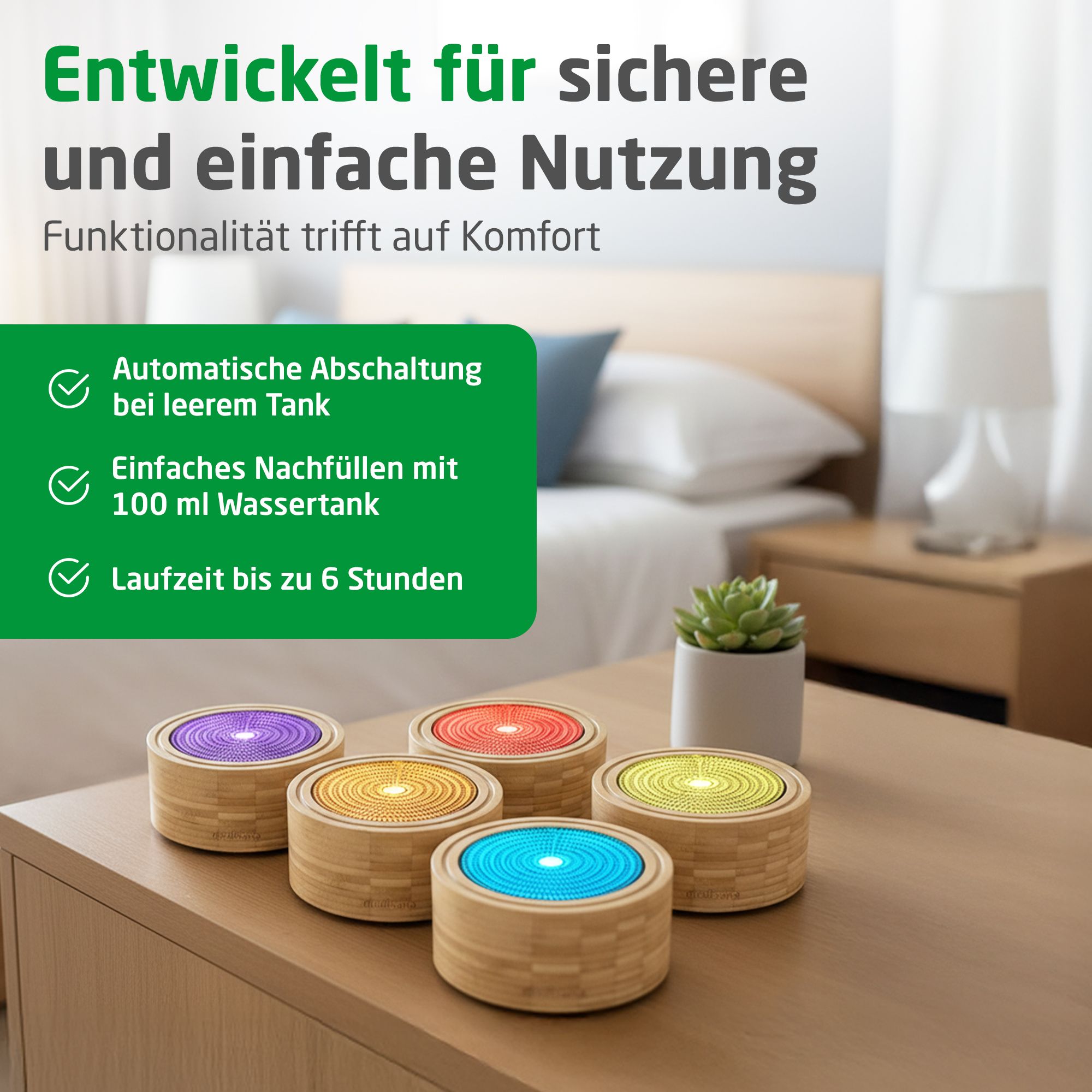 Fünf Bambus-Aroma-Diffusoren mit farbigen Lichtern auf einem Holztisch, mit Textfeldern.