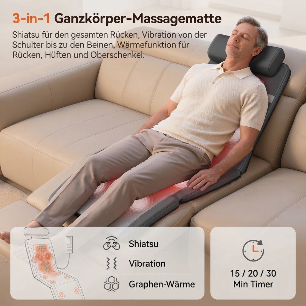Graue Massagematte mit Shiatsu, Vibration und Wärmefunktion auf einem Sofa liegend.