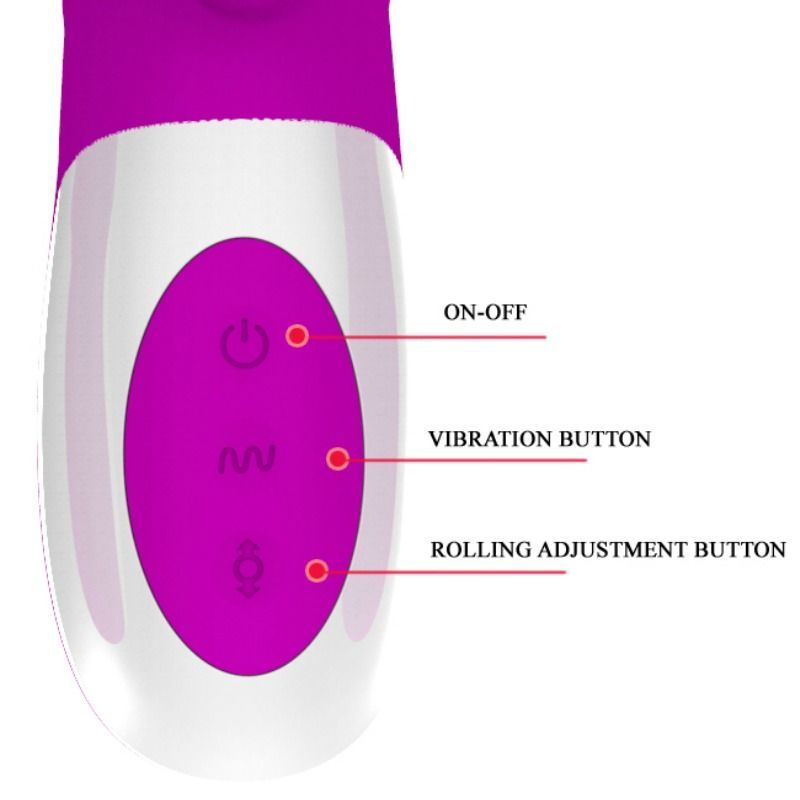 Nahaufnahme der Bedienelemente eines lila Vibrators. Beschriftungen: ON-OFF, VIBRATION BUTTON, ROLLING ADJUSTMENT BUTTON.