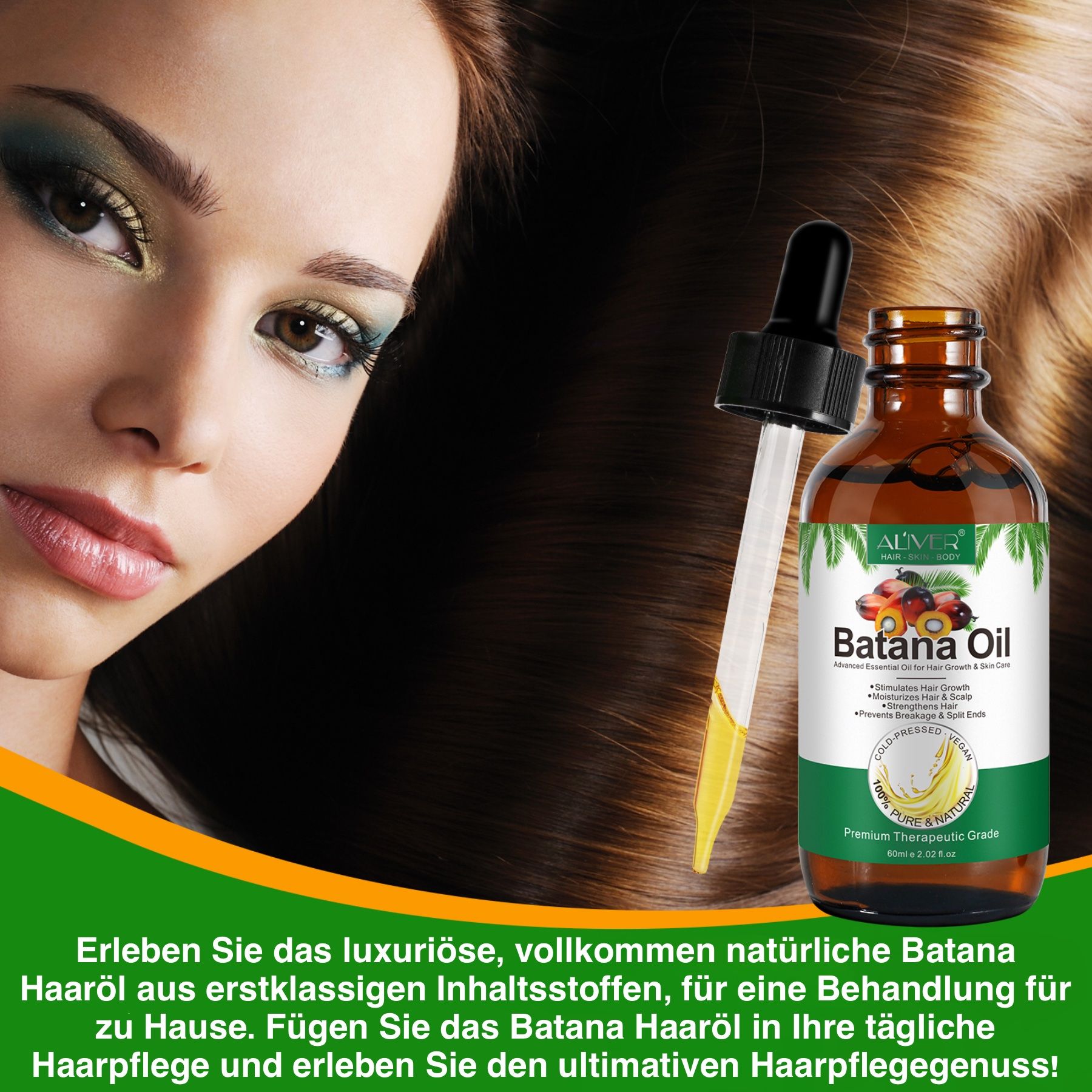 Frau mit langen Haaren neben einer Flasche ALIVER Batana Öl Haaröl. Text: Luxuriöses, natürliches Haaröl für die Haarpflege.