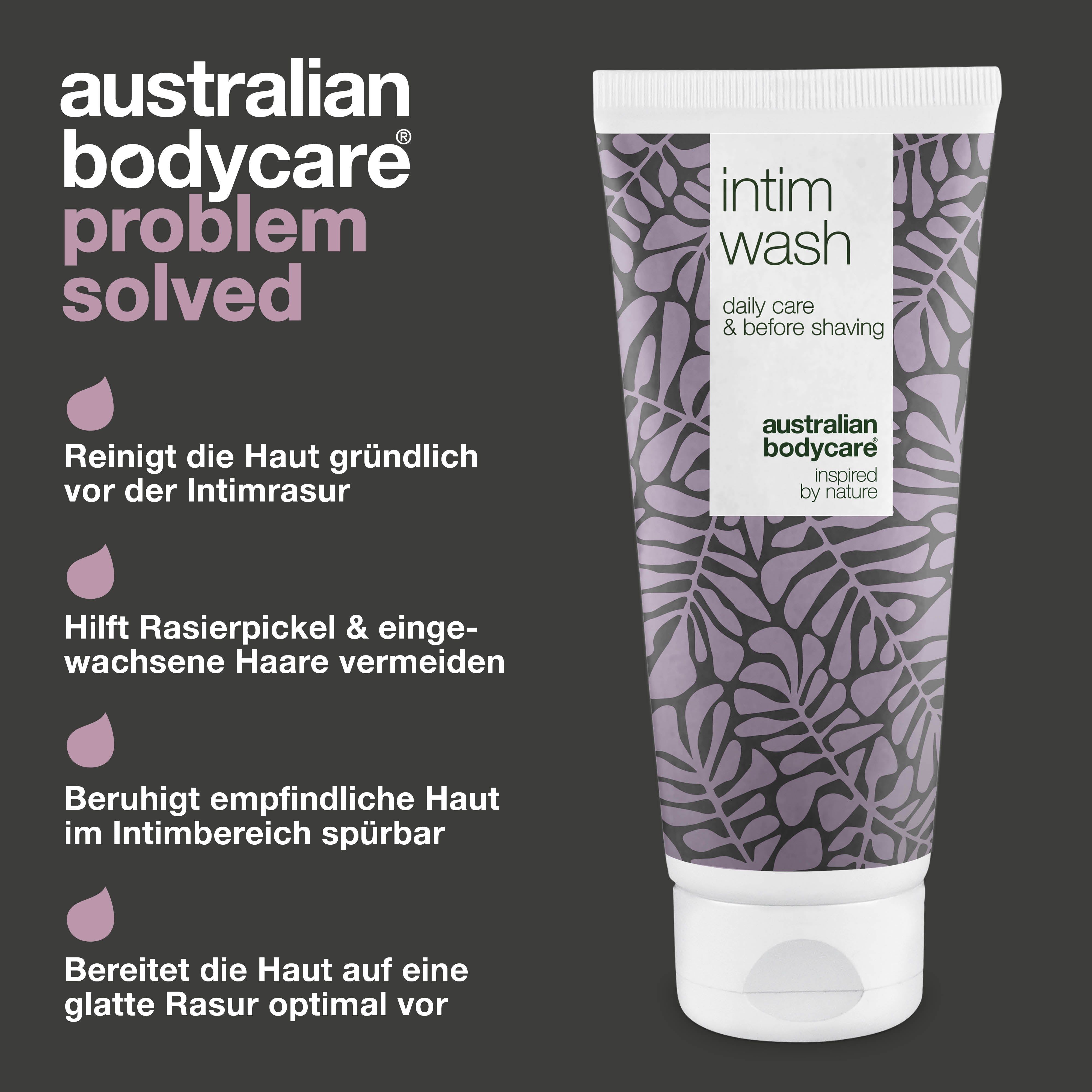 Australian Bodycare, warum? Tube Intim Wash, lila Muster, Produktprobe. Text: Getestet, sanft, recycelbar.