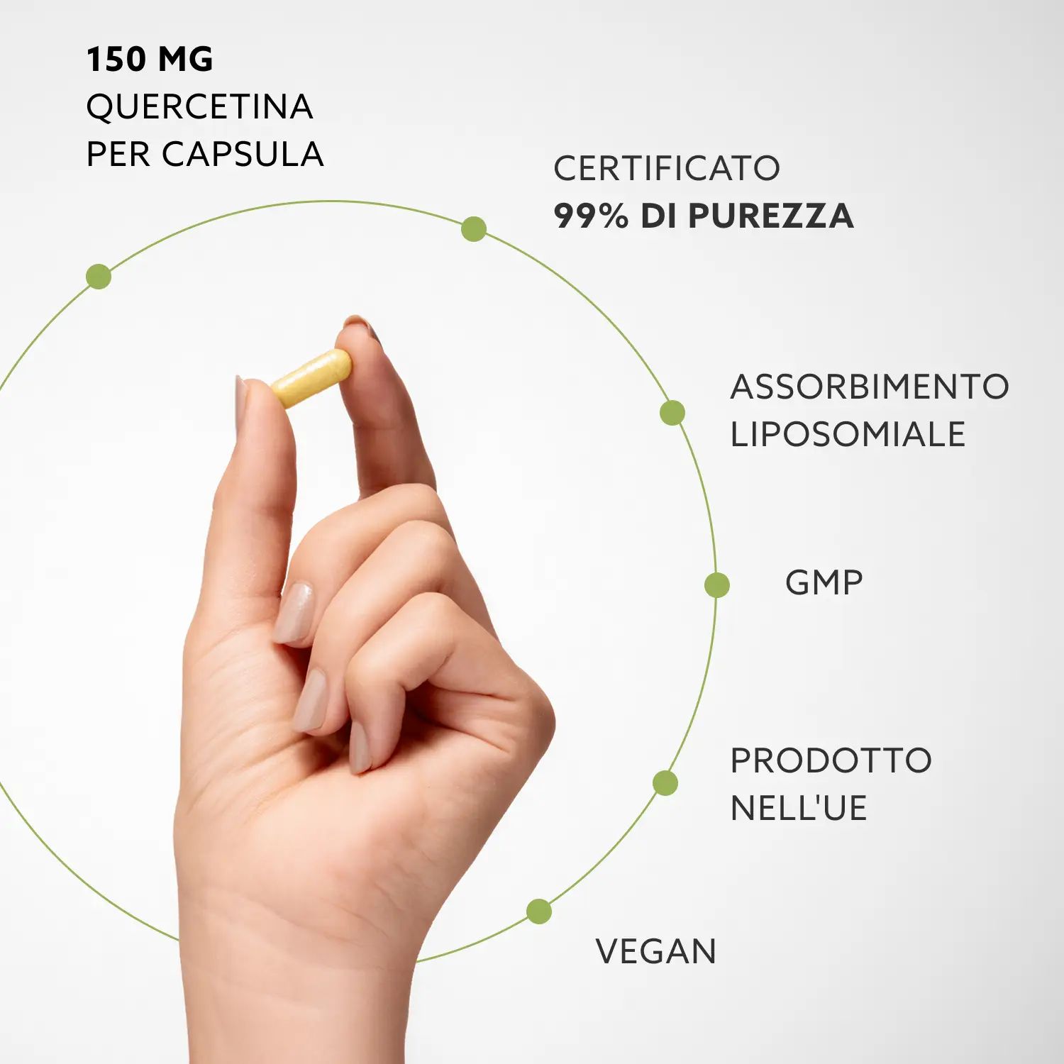 Hand hält Kapsel. Text: 150 mg Quercetin pro Kapsel, 99% Reinheit, liposomale Absorption, vegan, hergestellt in der EU.