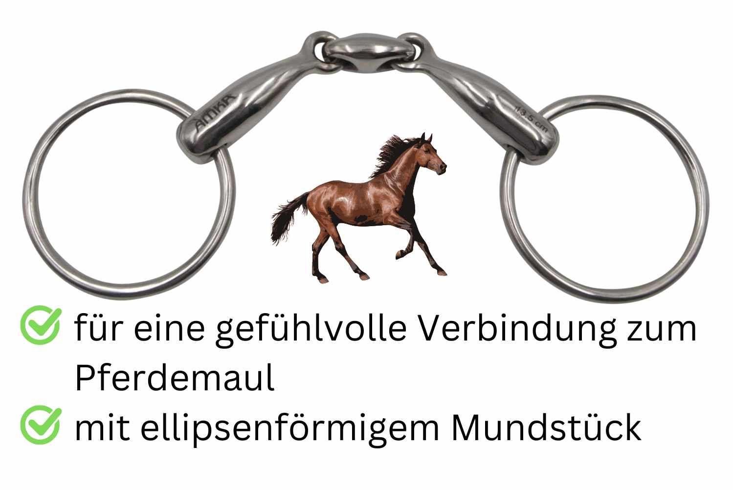 Edelstahl-Wassertrense, doppelt gebrochen, mit elliptischem Mundstück. Für gefühlvolle Verbindung zum Pferdemaul.