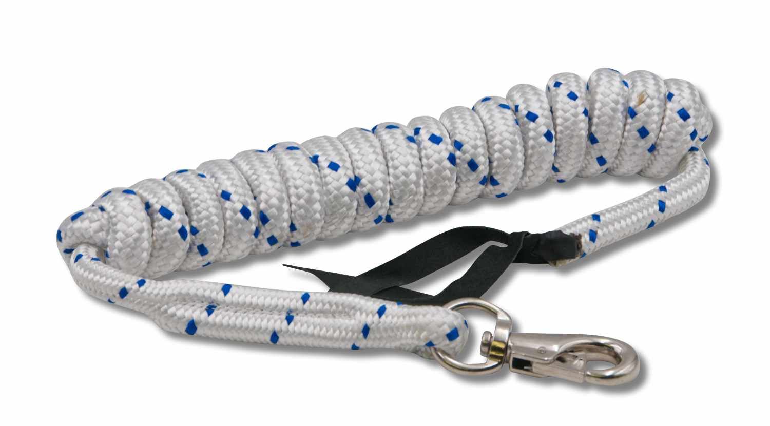 Weißes Seil mit blauen Punkten, Karabinerhaken und schwarzem Lederriemen.