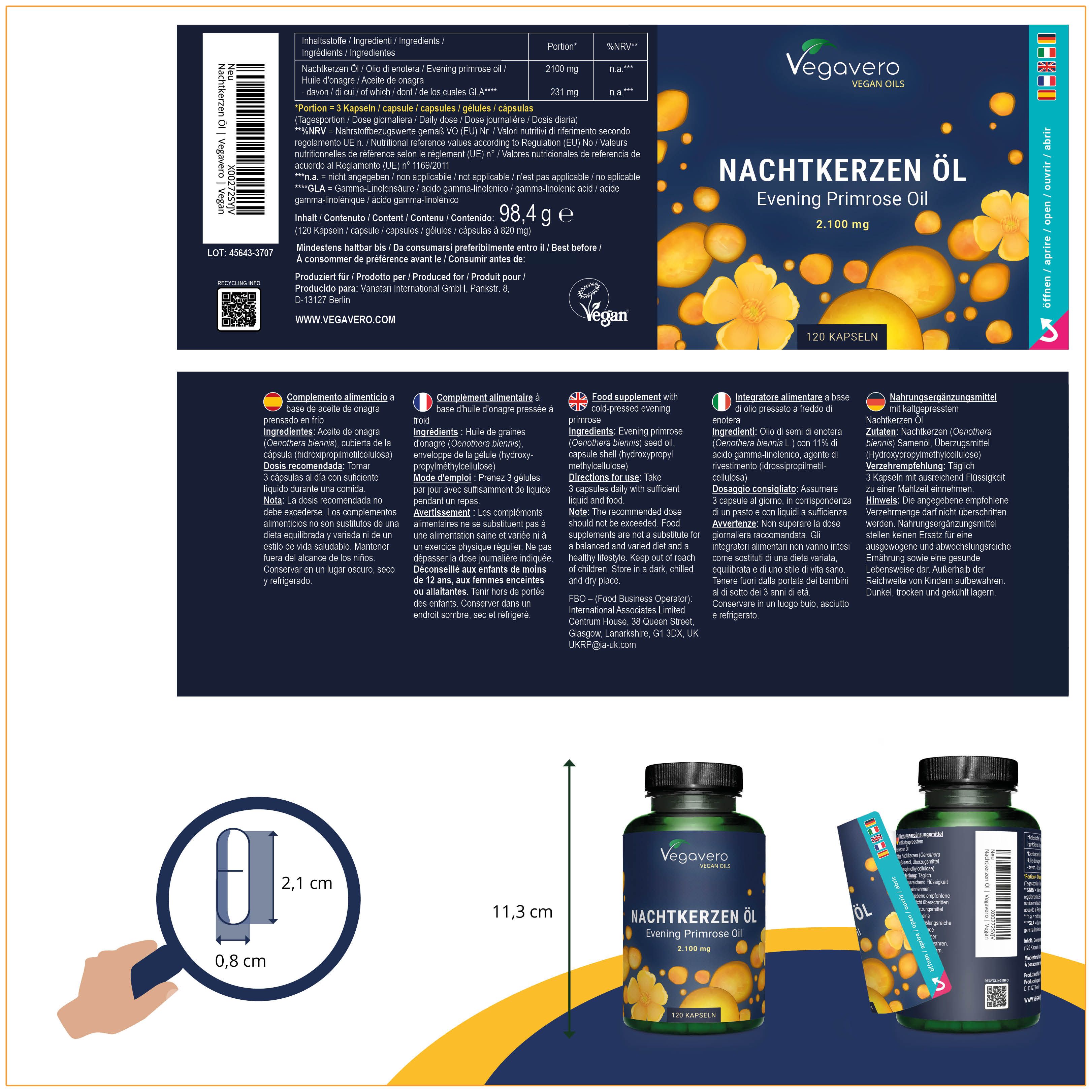 Produktverpackung mit Flasche und Beipackzettel. Flasche: Nachtkerzen Öl, 120 Kapseln. Maße: 11,3 x 2,1 x 0,8 cm.