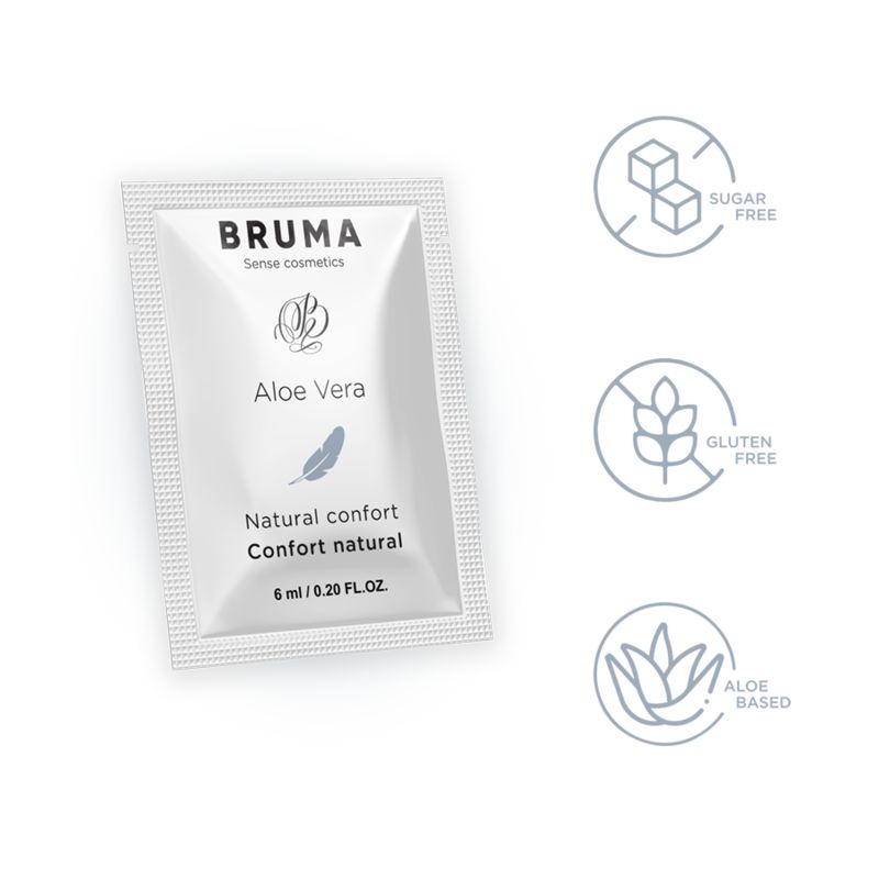 Weißer Beutel mit "BRUMA Aloe Vera Natural confort" und Icons für zuckerfrei, glutenfrei und Aloe Vera.