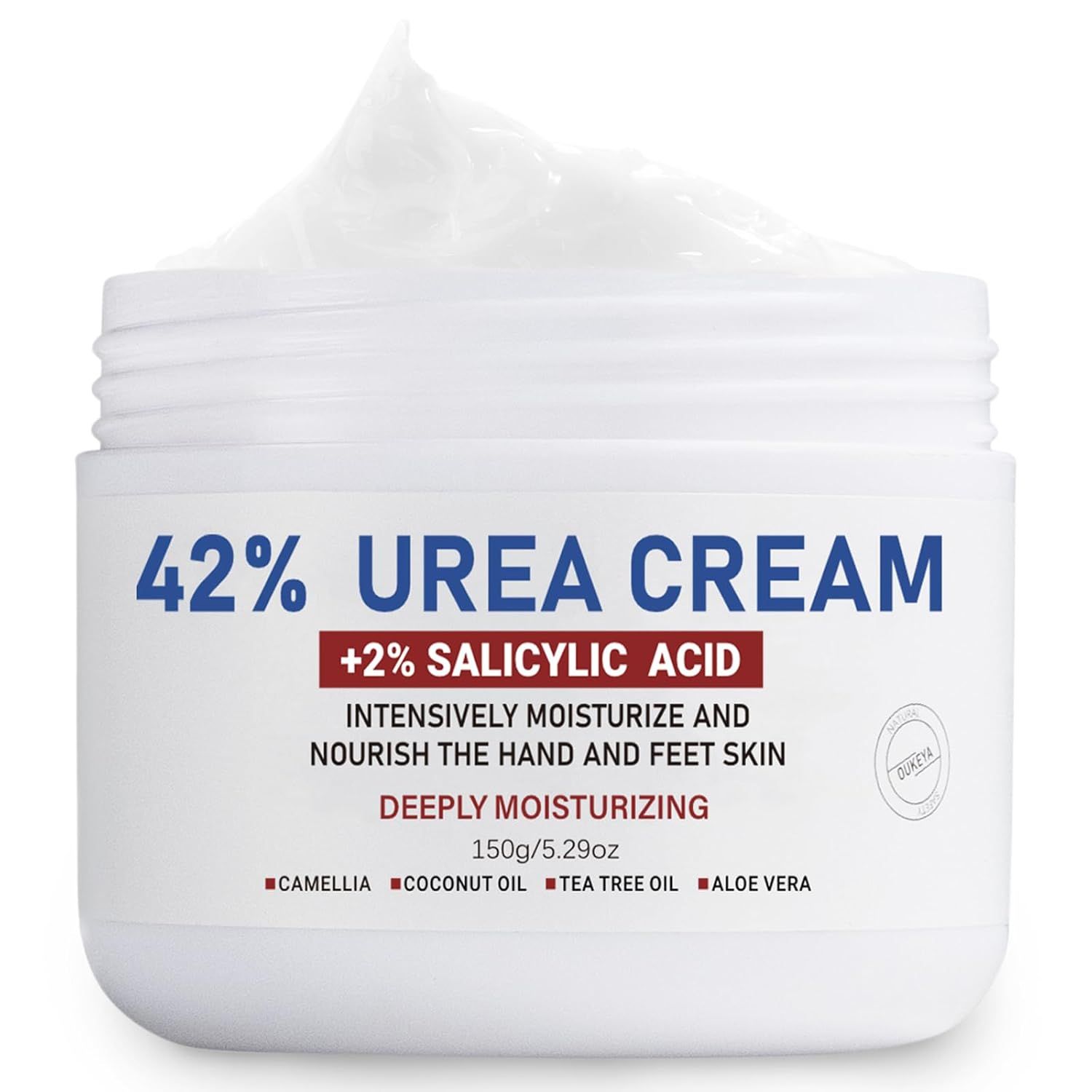 Weißer Tiegel mit Creme. Aufschrift: 42% UREA CREAM +2% SALICYLIC ACID. Text: Intensiv feuchtigkeitsspendend und pflegend für Hände und Füße.