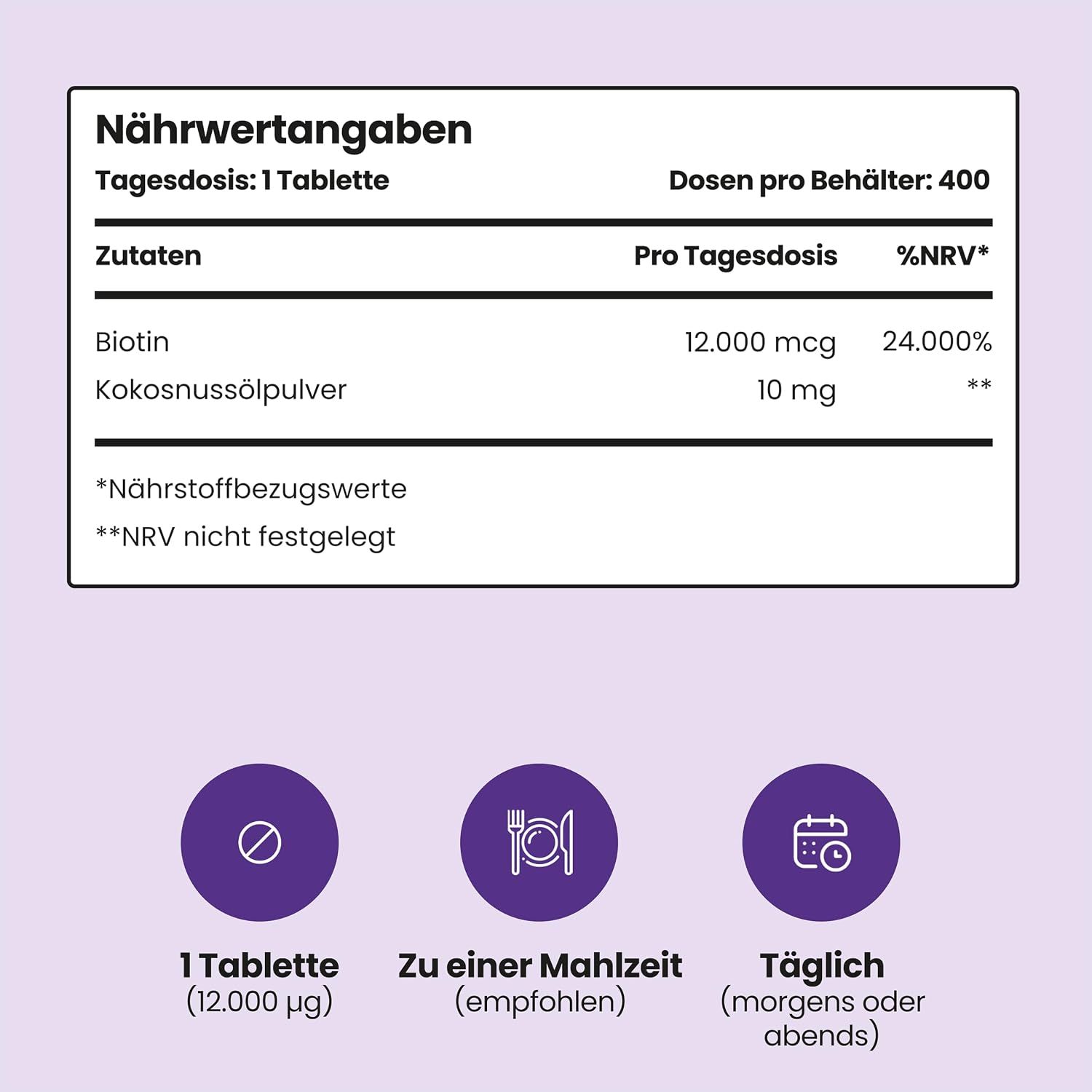 Nährwertangaben: 1 Tablette enthält Biotin (12.000 µg) und Kokosnussölpulver (10 mg). Täglich eine Tablette.
