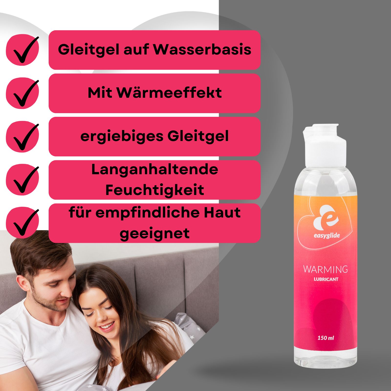 Gleitgel-Flasche mit Etikett. Text: Warming Lubricant. 150 ml. Hintergrund: Paar.