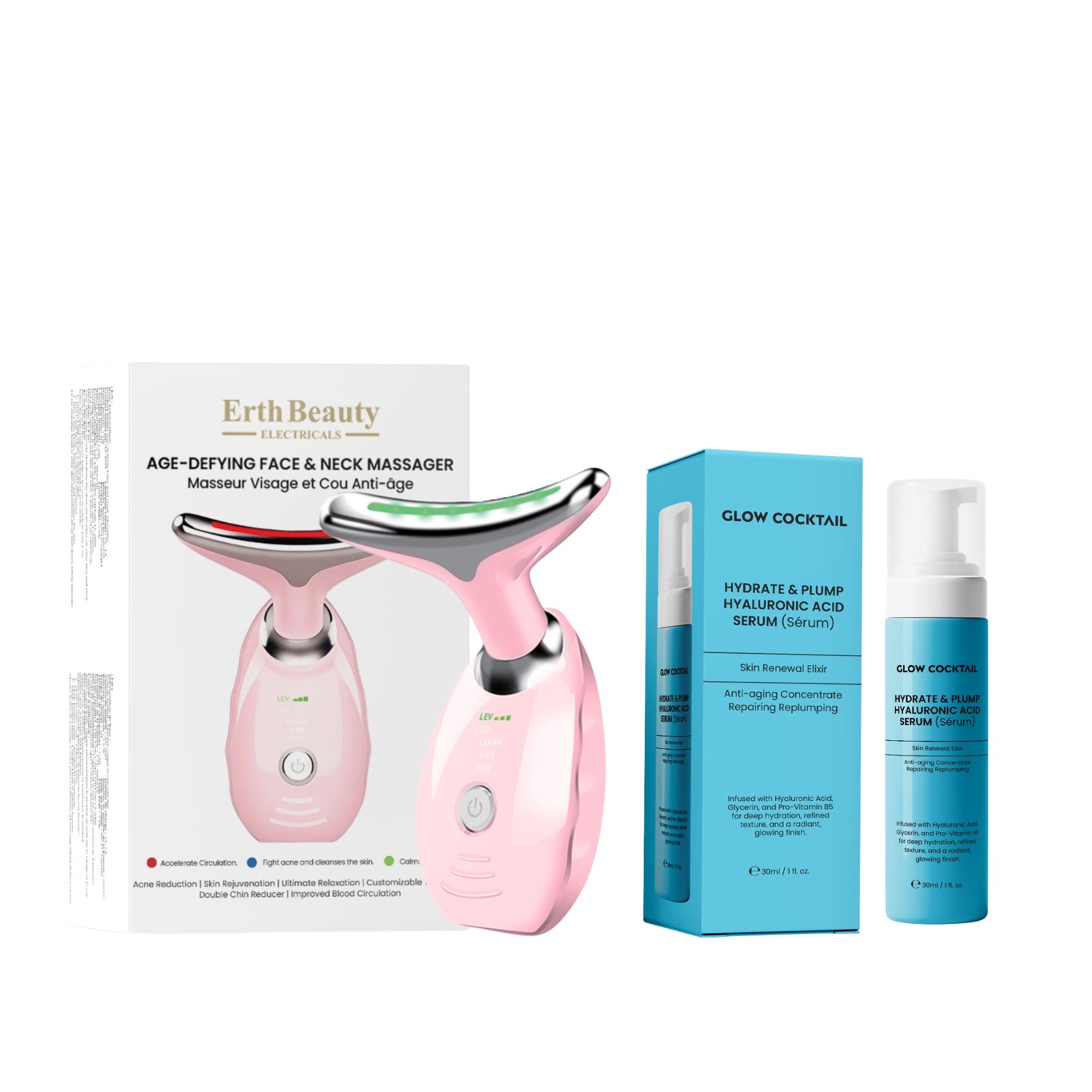 Glow Cocktail Anti Aging Gesichts und Halsmassagegerät Pink mit Hyaluronsäure Serum