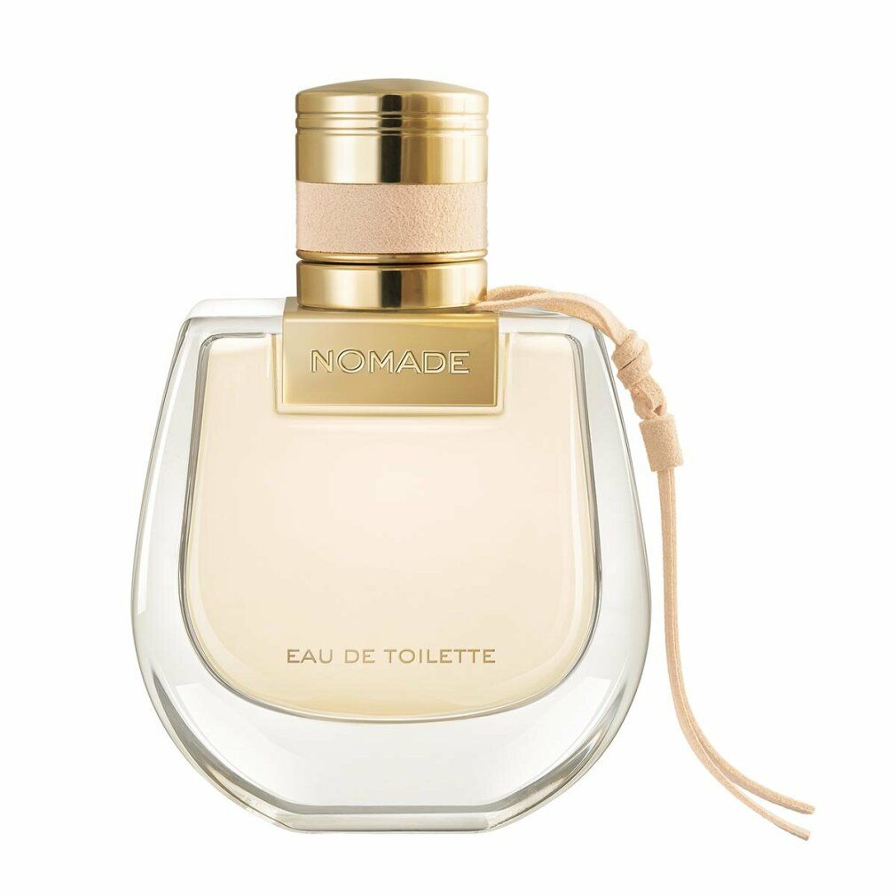 Parfümflakon mit goldfarbenem Verschluss und beigem Lederband. Aufschrift "NOMADE Eau de Toilette".