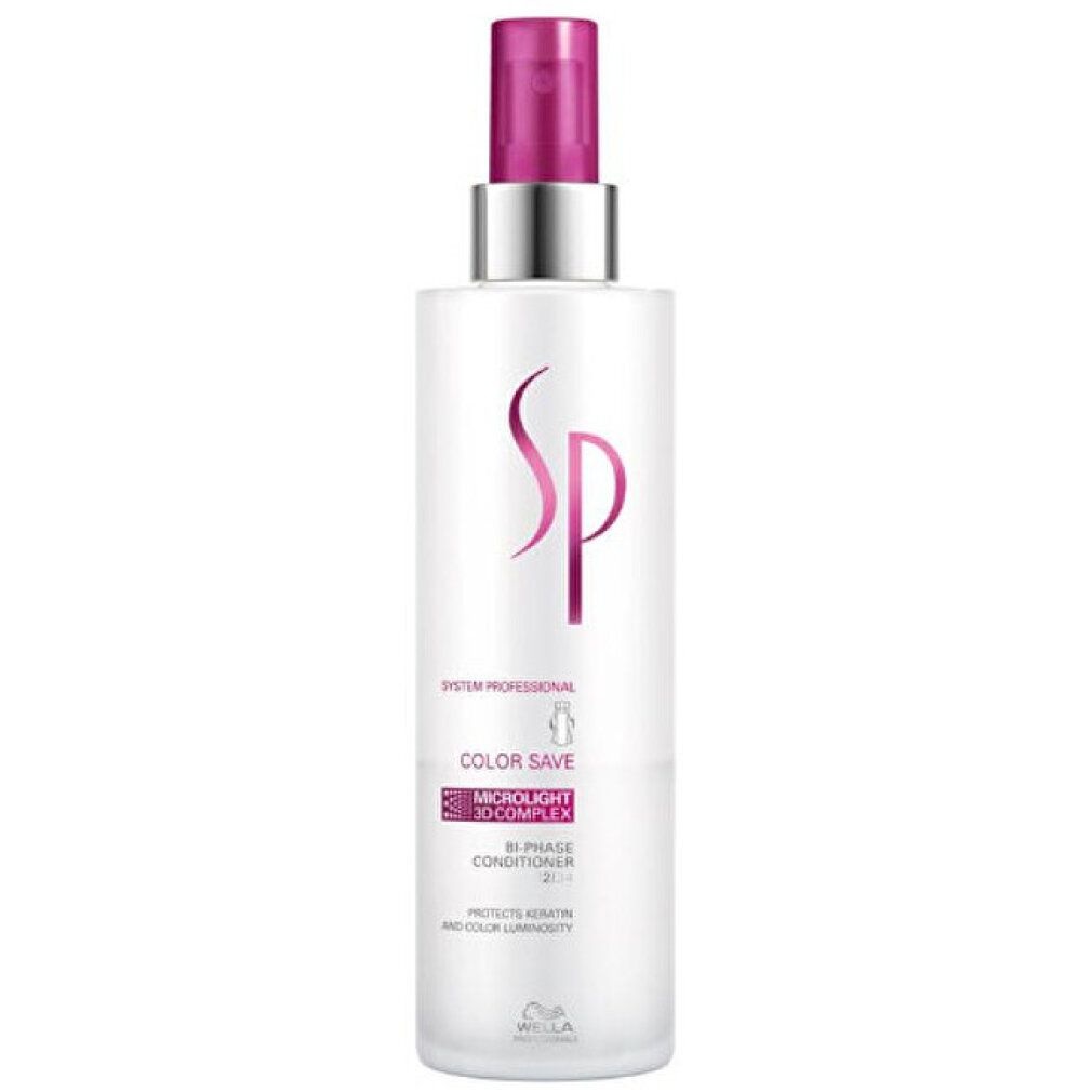 Flasche mit Sprühkopf. Aufschrift: Color Save, 3D-Complex, Bi-Phase Conditioner. Marke: Wella SP.