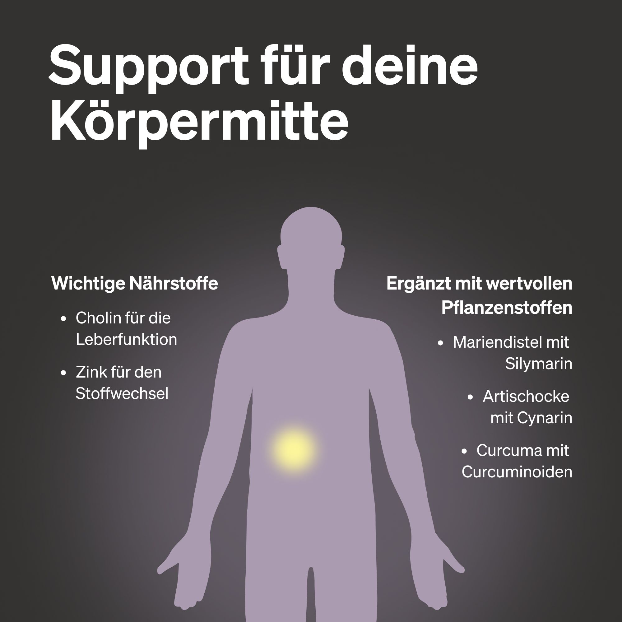 Silhouette einer Person mit hervorgehobener Körpermitte. Text: Support für deine Körpermitte. Nährstoffe und Pflanzenstoffe.
