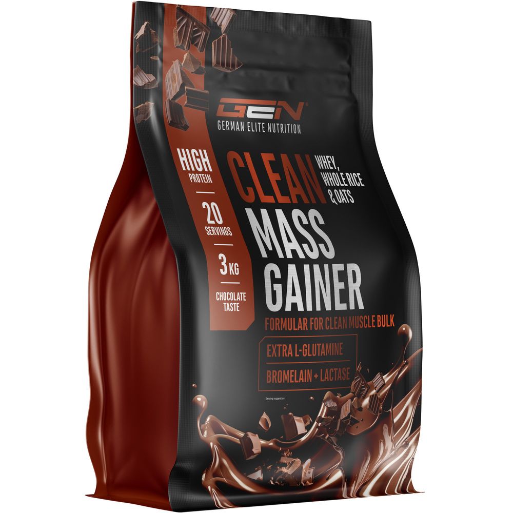 Schwarze Tüte mit Aufschrift CLEAN MASS GAINER. Enthält 3 kg, 20 Portionen. Geschmack: Schokolade. Marke: GEN German Elite Nutrition.