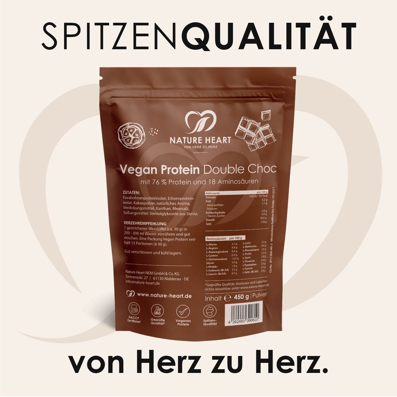 Rückseite der Protein-Verpackung. Enthält Informationen zu Inhaltsstoffen, Nährwerten und Hersteller. "Vegan Protein Double Choc".