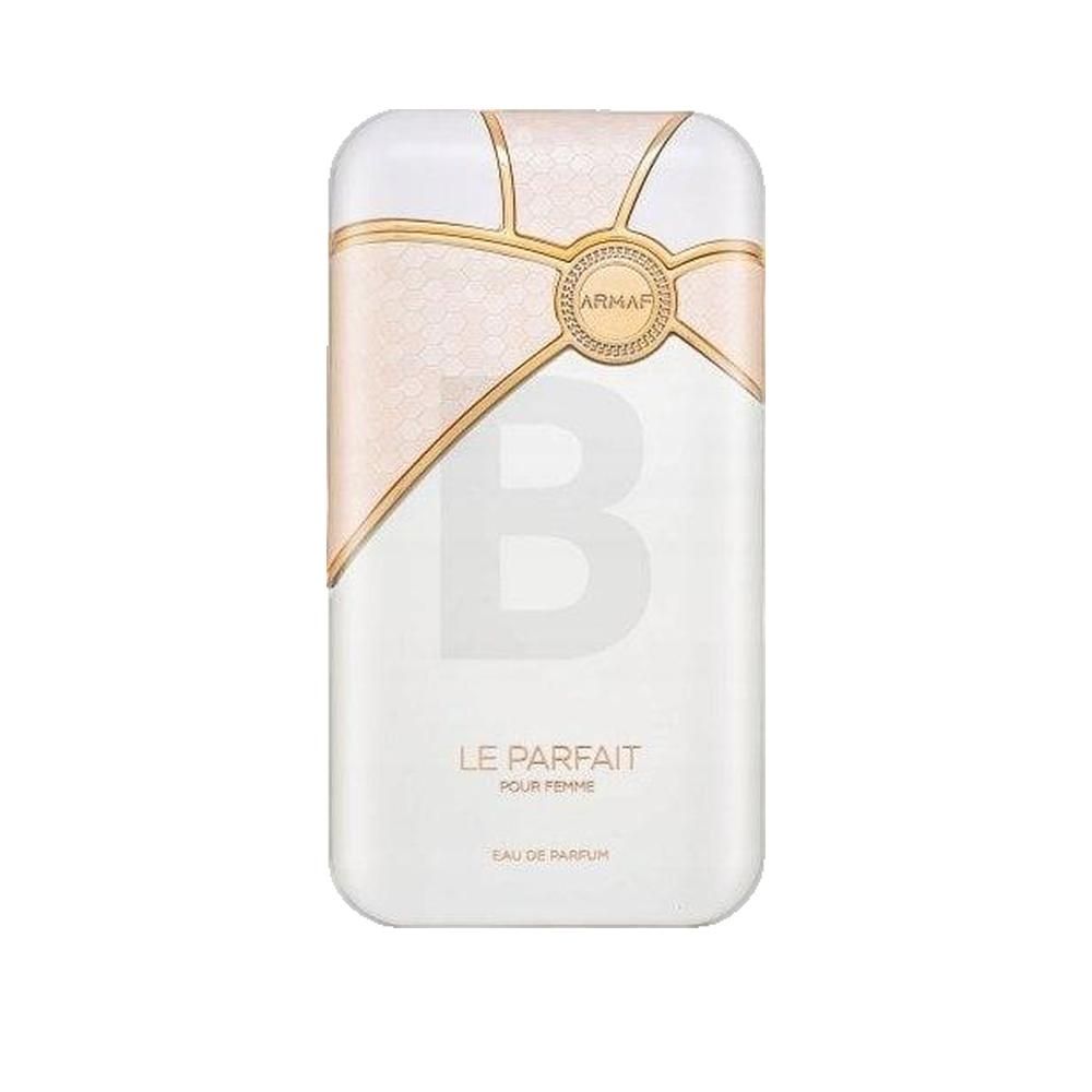 Weißer Parfümflakon mit goldfarbenen Details. Aufschrift: Le Parfait Pour Femme, Eau de Parfum. Marke: ARMAF.