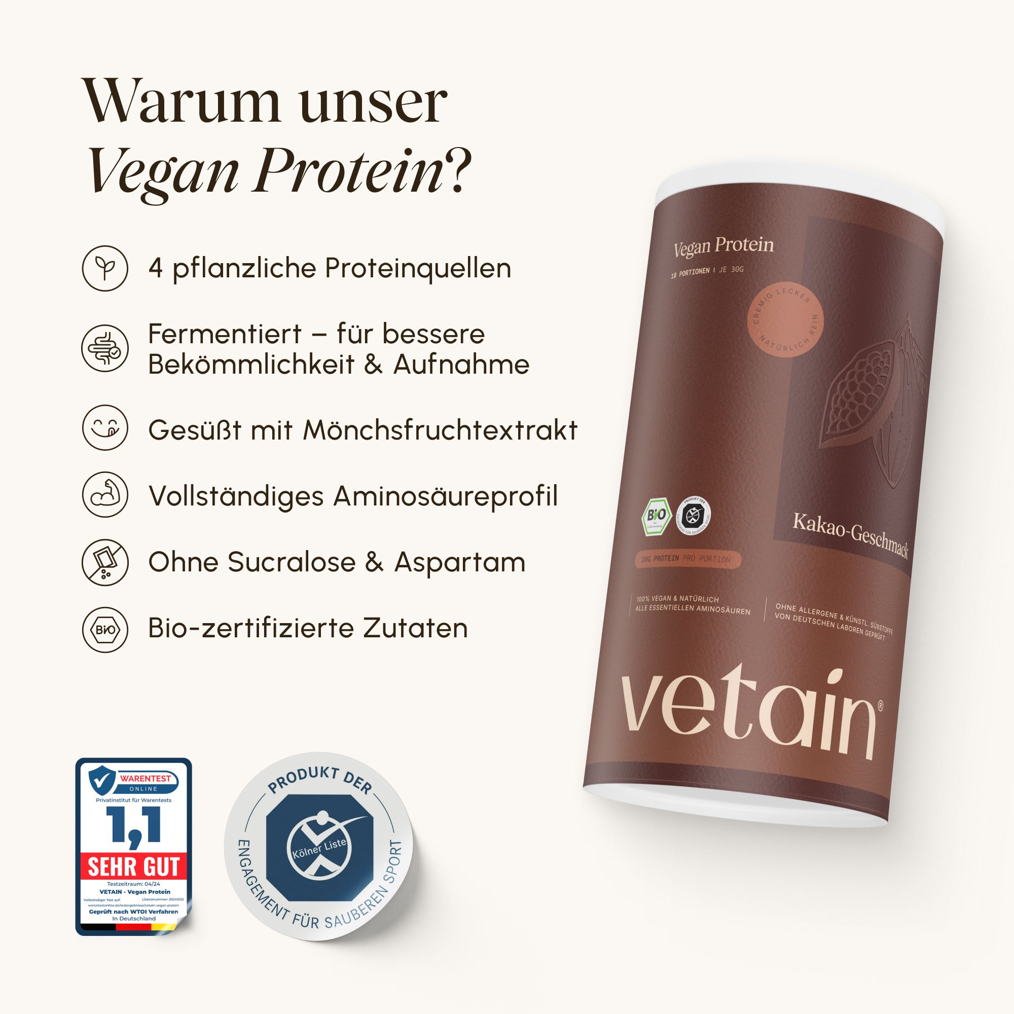 VETAIN veganes Proteinpulver: Vorteile und Siegel.