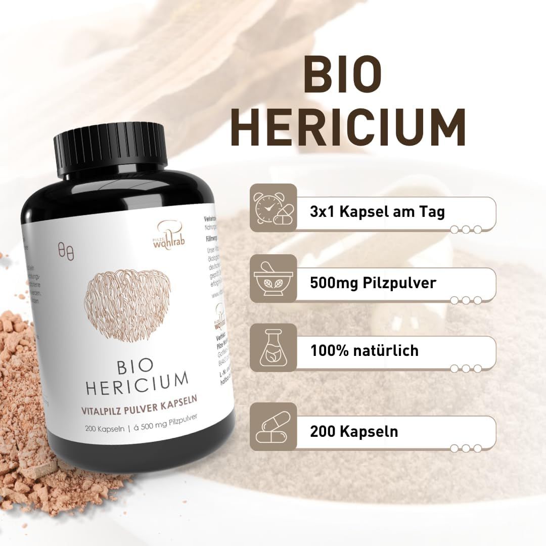 BIO Hericium. 3x1 Kapsel täglich, 500mg Pilzpulver, 100% natürlich, 200 Kapseln. Flasche.