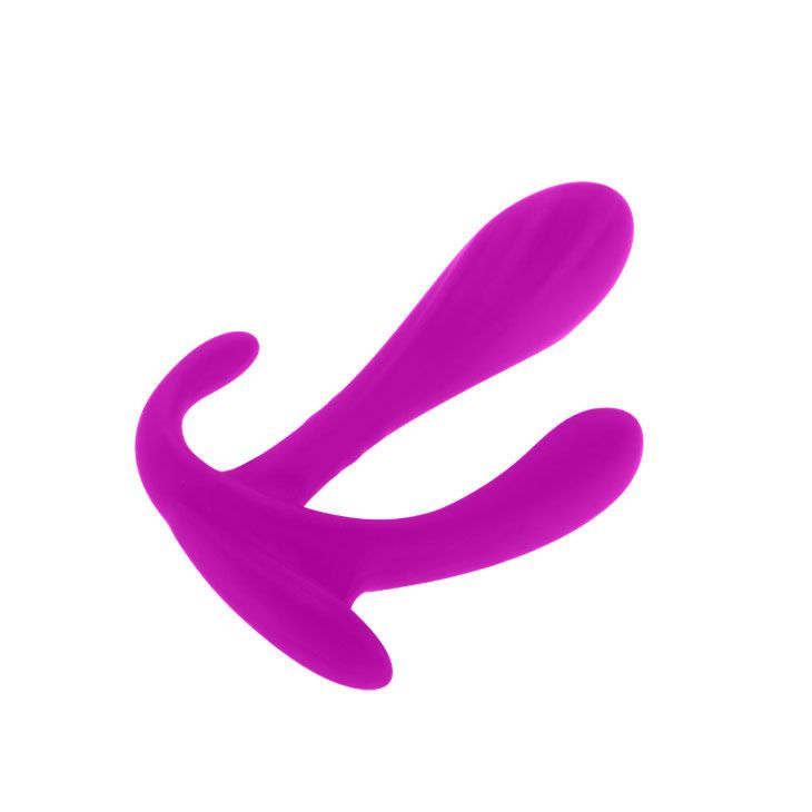 Rosafarbenes Doppelstimulationsgerät. Drei Arme, geschwungene Form. Aus Silikon.