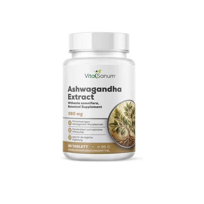 VitaSanum Ashwagandha Extract Flasche, 90 Tabletten, 95g. Enthält 380mg Ashwagandha-Extrakt.