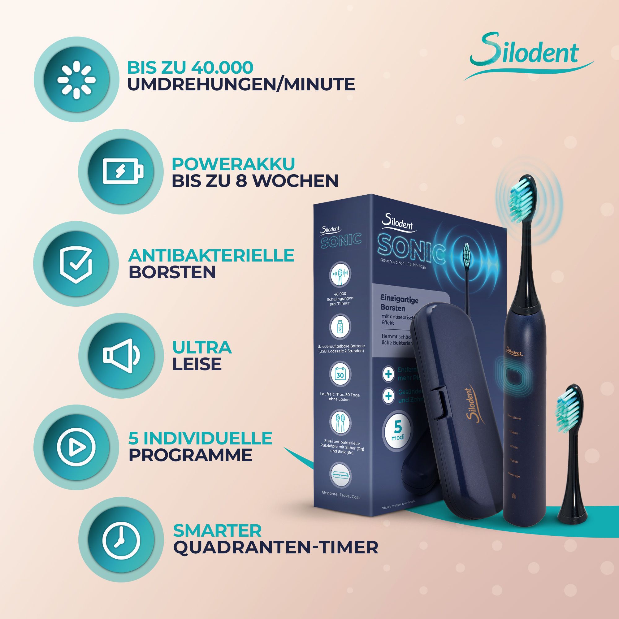 Silodent Schallzahnbürste Midnight Blue mit antiseptischen Borsten und fünf Programmen