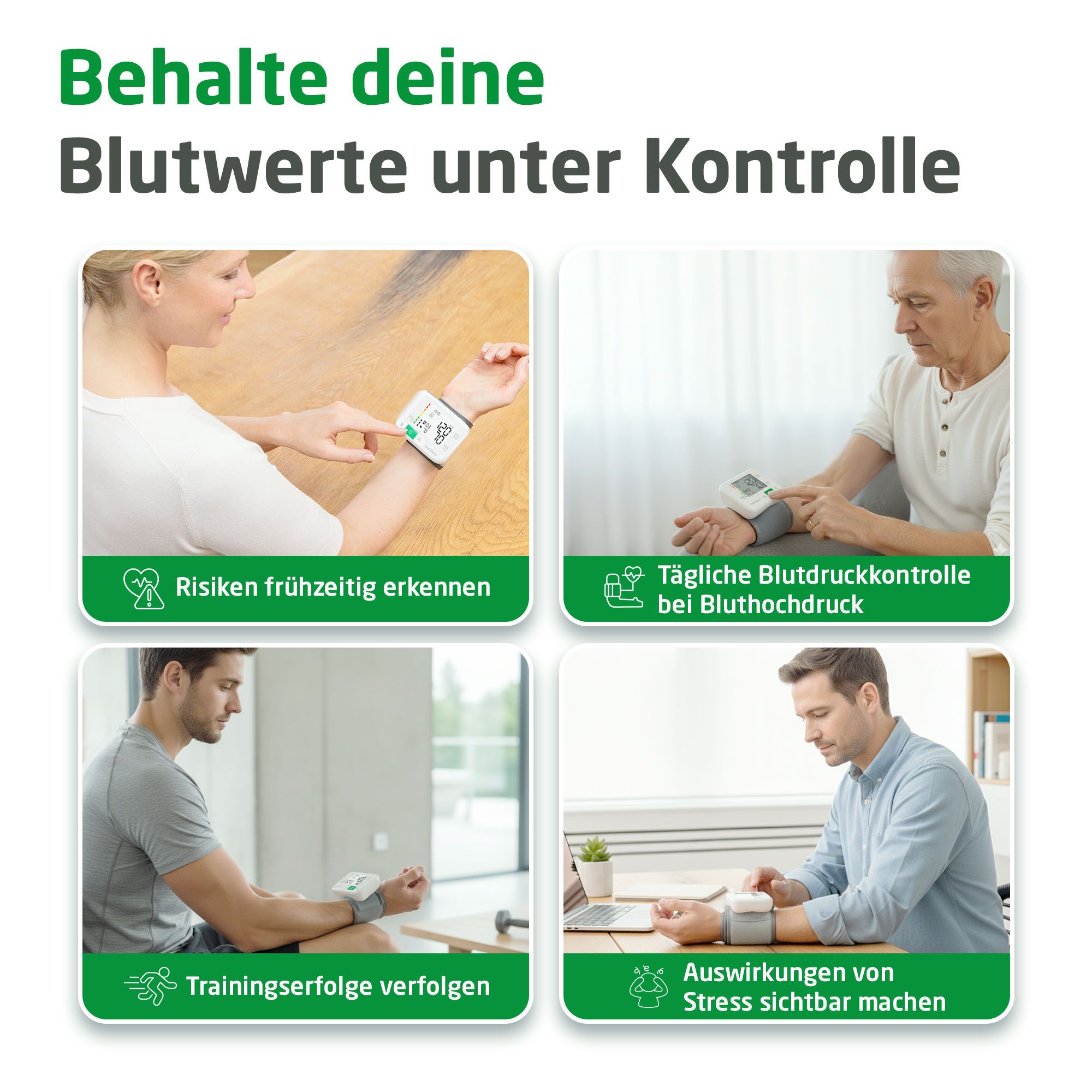 Blutdruckmessgerät am Handgelenk. Risiken frühzeitig erkennen. Tägliche Blutdruckkontrolle. Trainingserfolge verfolgen. Stress sichtbar machen.