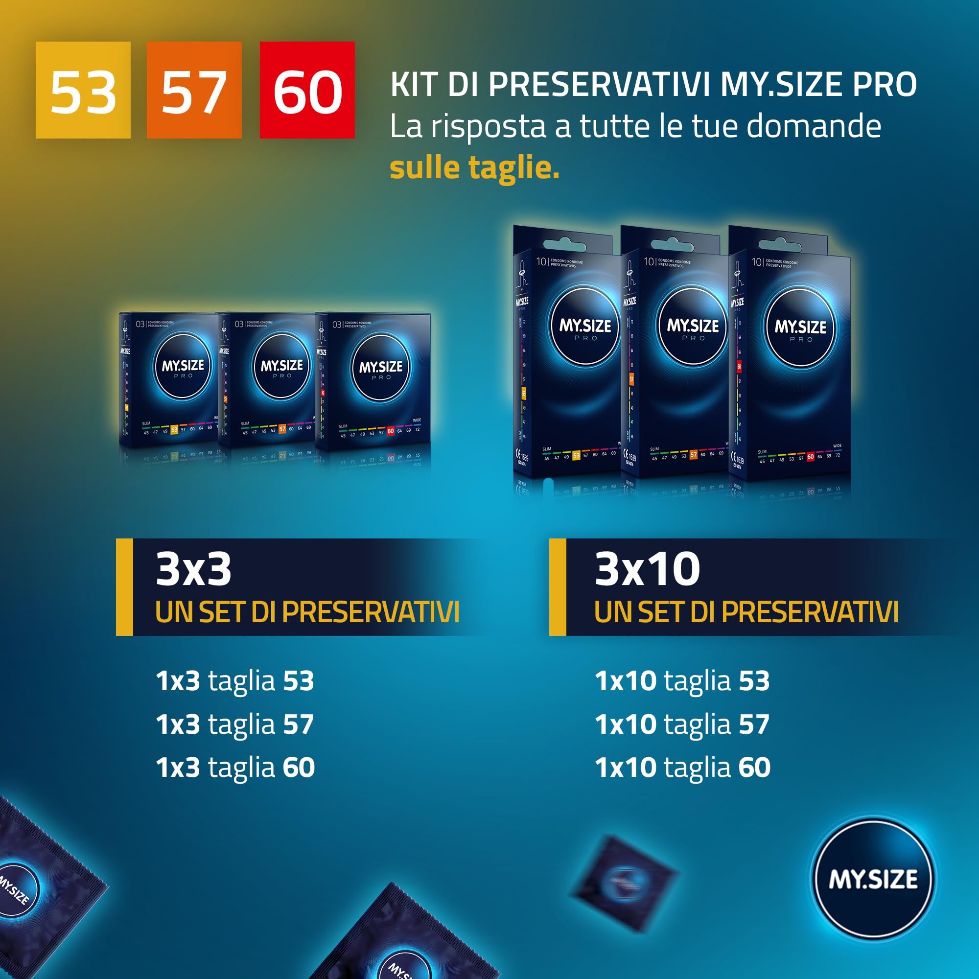 Zwei Packungen My.Size PRO Kondome: 3x3 und 3x10 Sets in verschiedenen Größen.