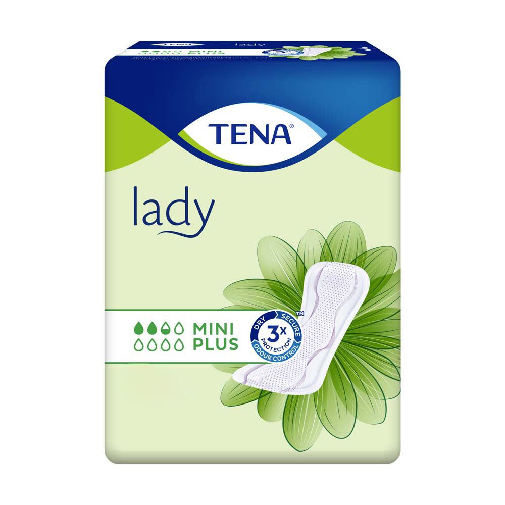 Verpackung TENA Lady Mini Plus. Grün-weiß, mit Produktabbildung und Tropfensymbolen. Marke und Produktbezeichnung deutlich sichtbar.