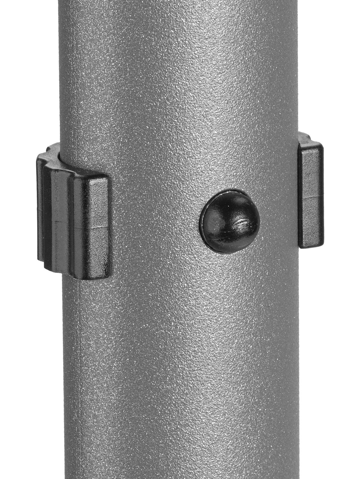 Grauer Metallrohr mit schwarzem Drehknopf und zwei schwarzen Klemmen.