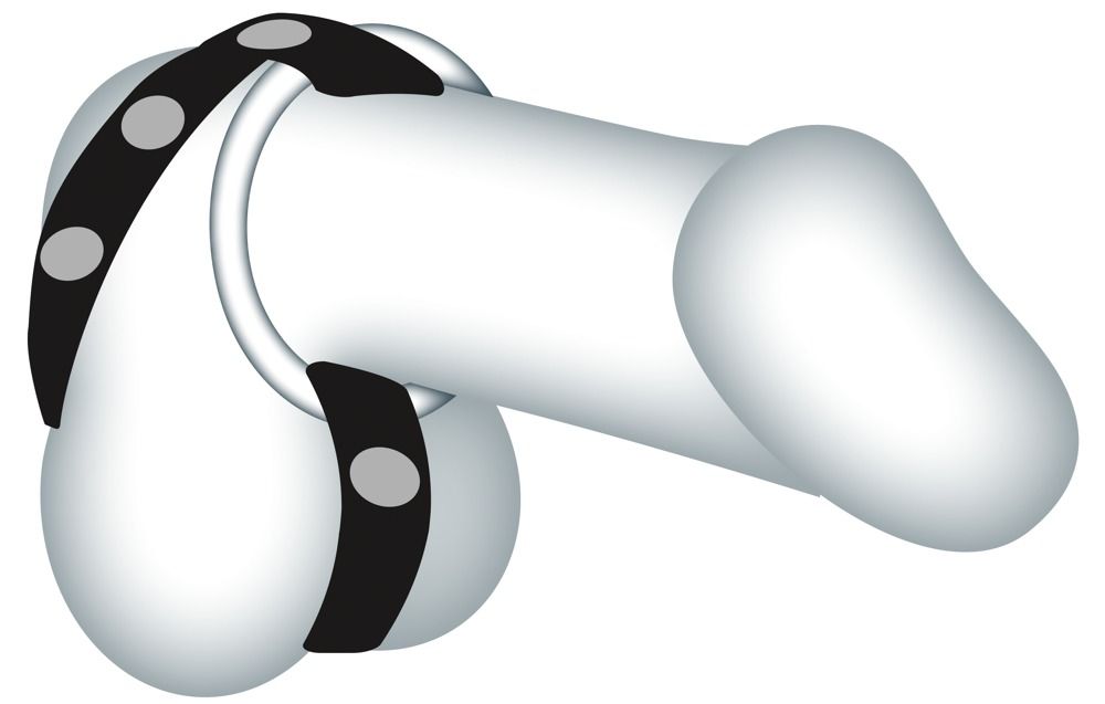 Illustration eines Penis mit einem schwarzen Lederriemen und einem Metallring.