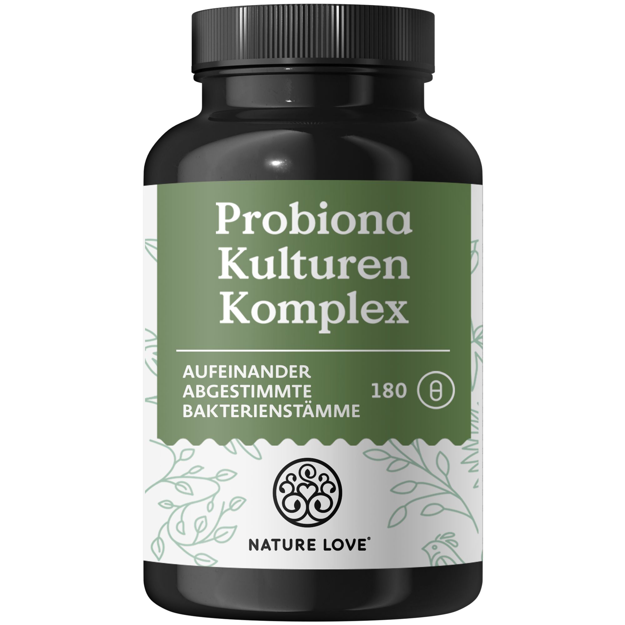Schwarze Flasche mit grünem Etikett. Aufschrift: Probiona Kulturen Komplex. Marke: NATURE LOVE®. Enthält 180 Kapseln.