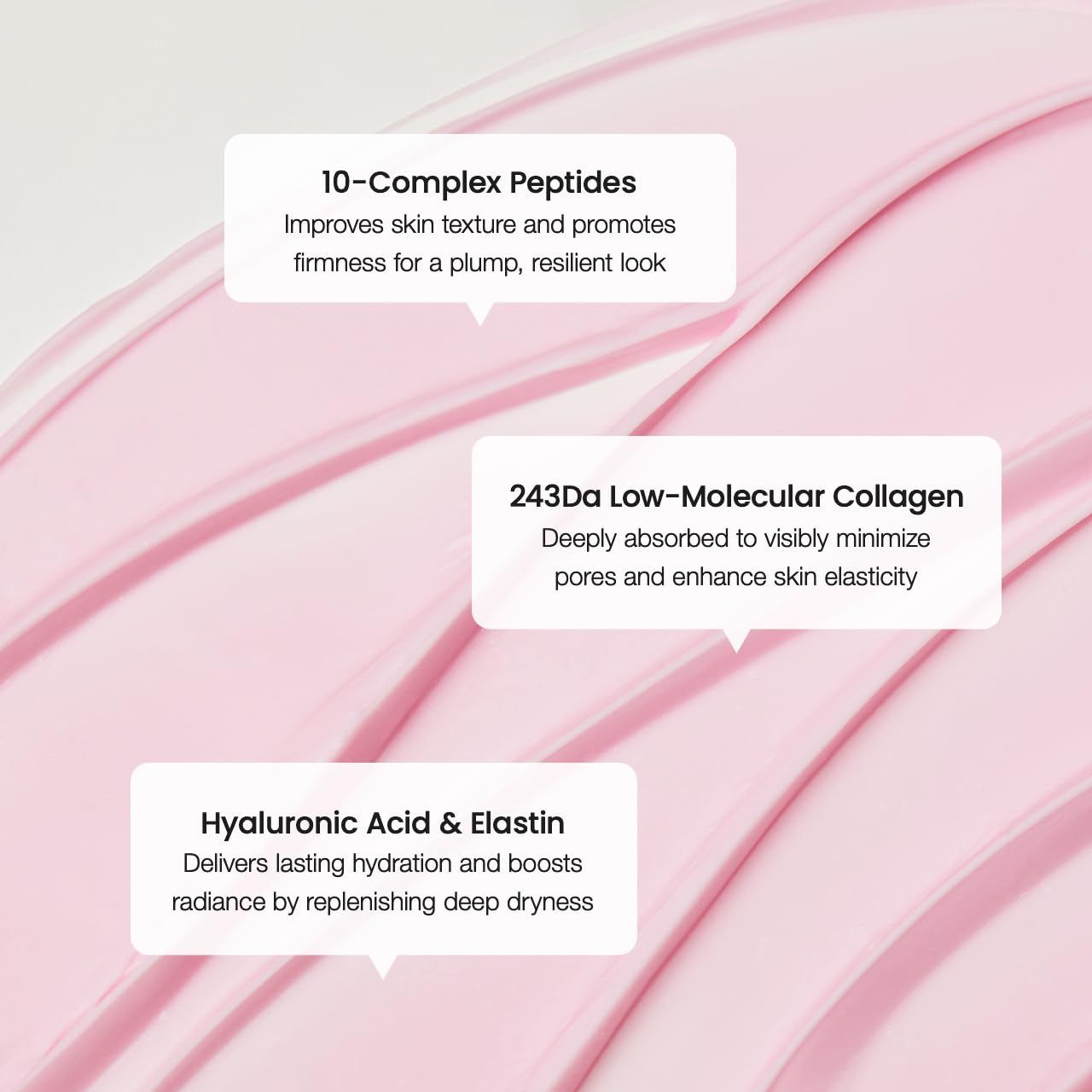 Rosa Creme-Schlieren mit Text. Aufschrift: 10-Complex Peptide, 243Da Low-Molecular Collagen, Hyaluronsäure & Elastin.