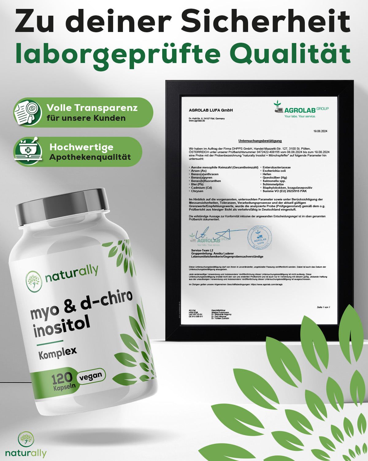 Weißes Pillenfläschchen mit Text: naturally myo & d-chiro inositol Komplex. 120 Kapseln. Zertifikat von Agrolab Group.