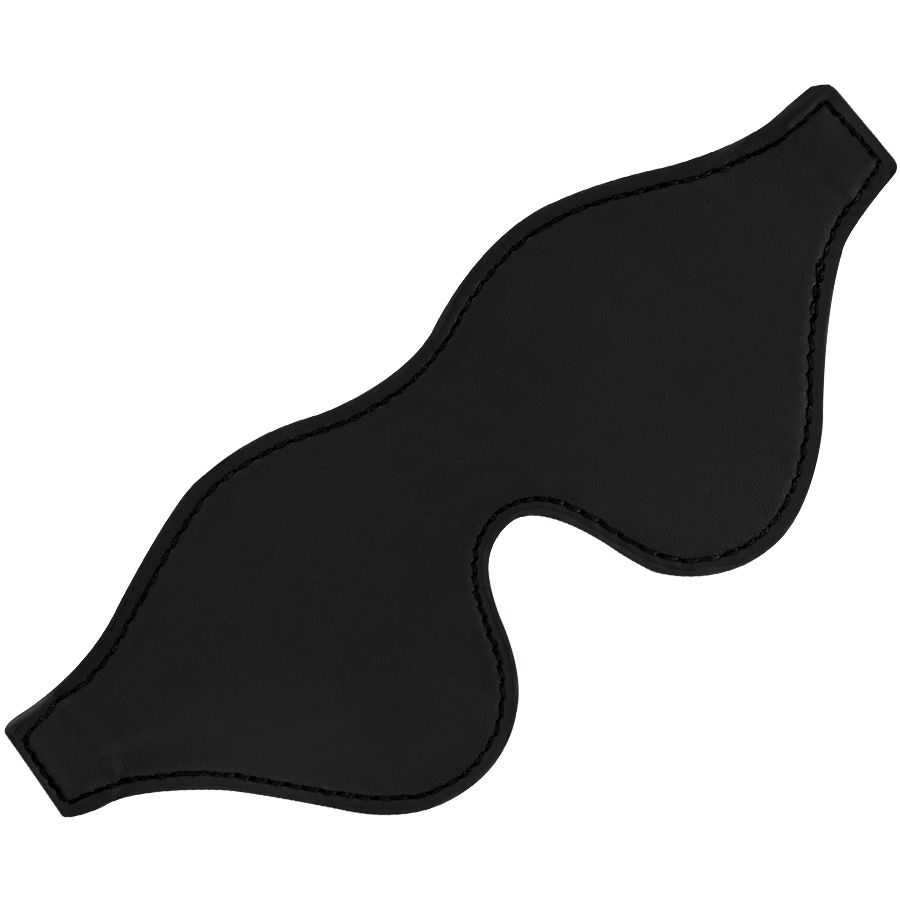 Schwarze Augenmaske aus Satin. Form: geschwungen, mit Aussparung für die Nase. Schwarze Nähte.