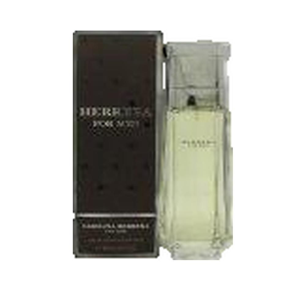 Parfümflakon und Verpackung. Flakon rechteckig, transparent. Verpackung braun mit weißer Schrift: HERRERA FOR MEN.