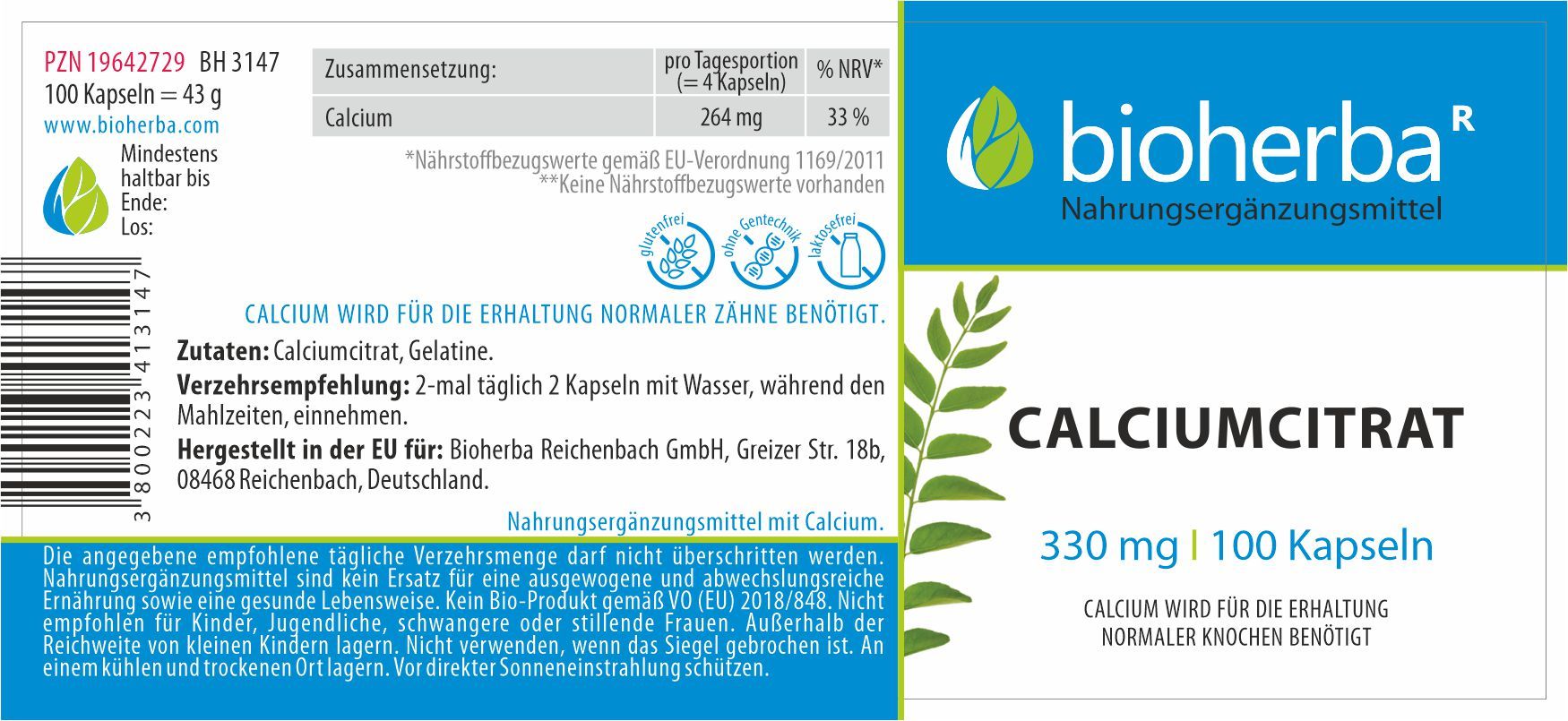 Etikett mit Produktinformationen. Enthält Angaben zu Calciumcitrat, Inhaltsstoffen und Verzehrempfehlung. Marke: Bioherba.