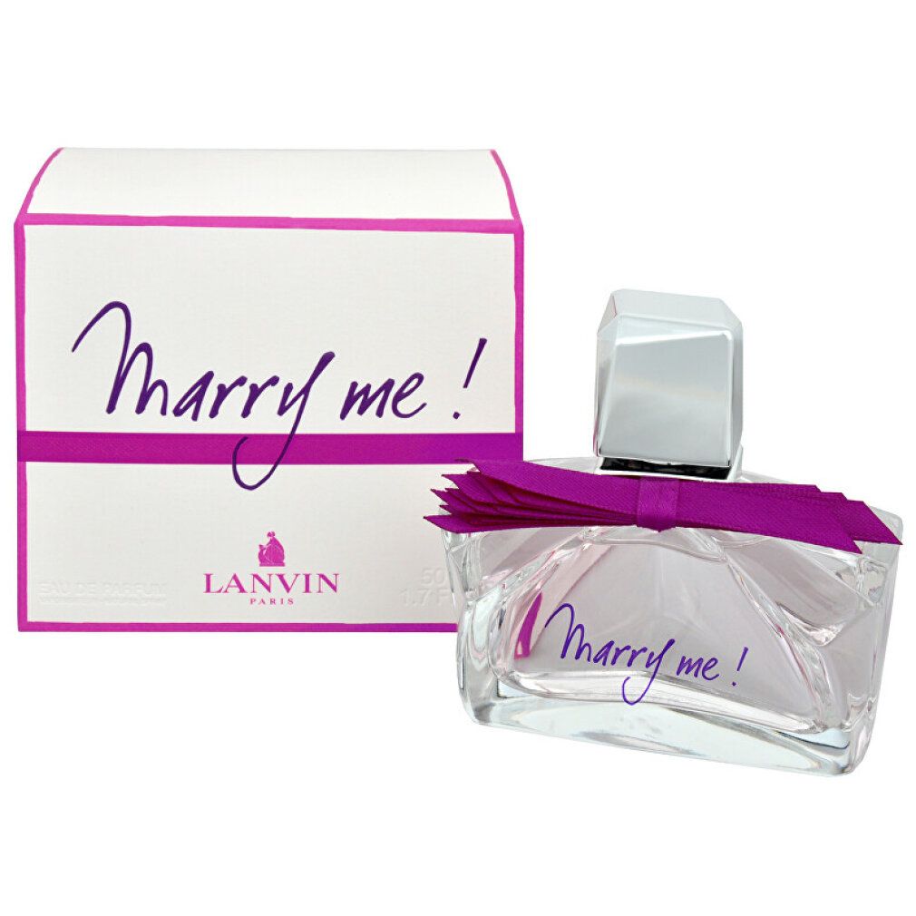 Parfümflakon und Verpackung. Flakon mit Schleife und Schriftzug "Marry me!". Verpackung mit Schriftzug "Marry me!" und Logo.