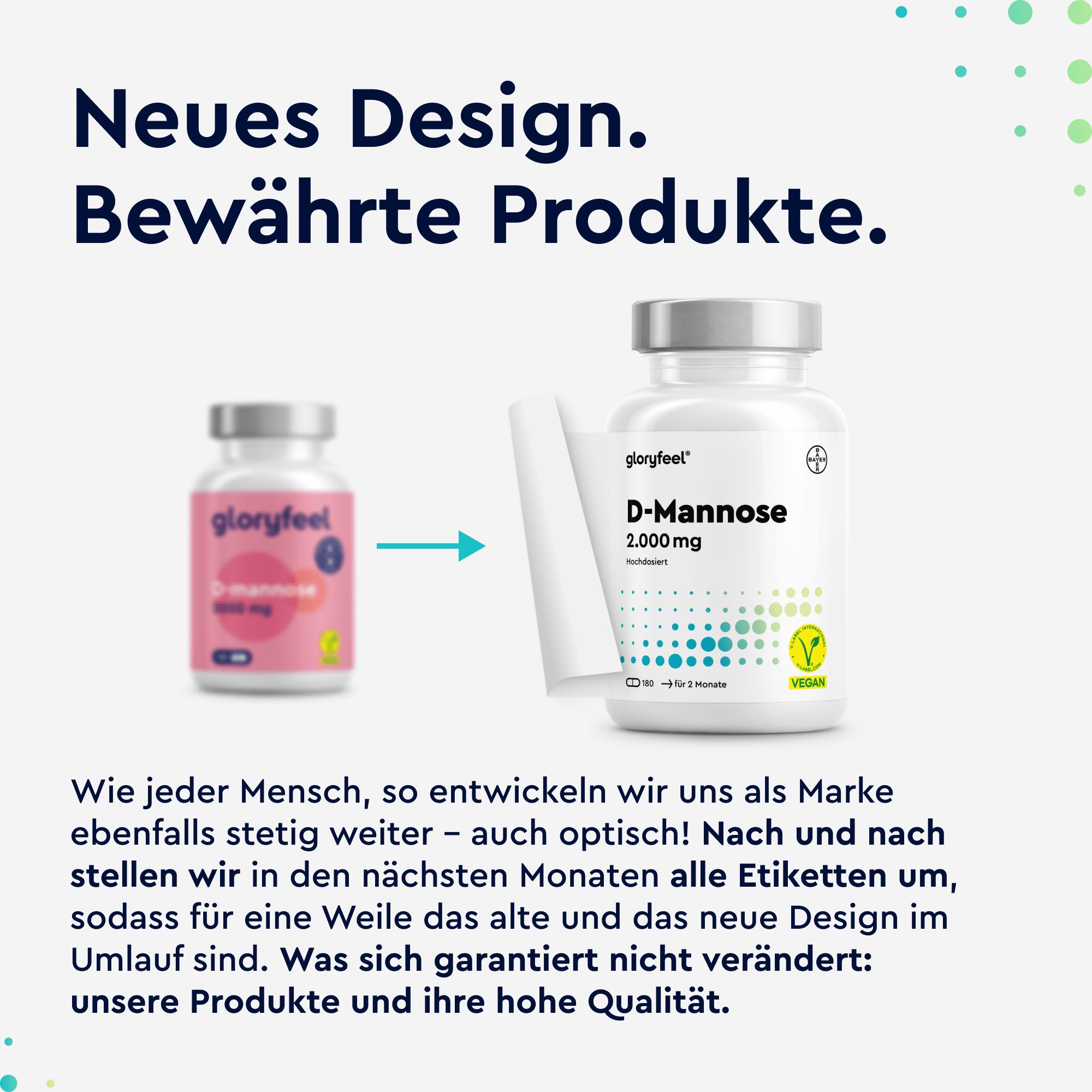 Vergleich von zwei D-Mannose-Flaschen. Links: rosa Etikett. Rechts: weißes Etikett mit D-Mannose 2.000 mg.