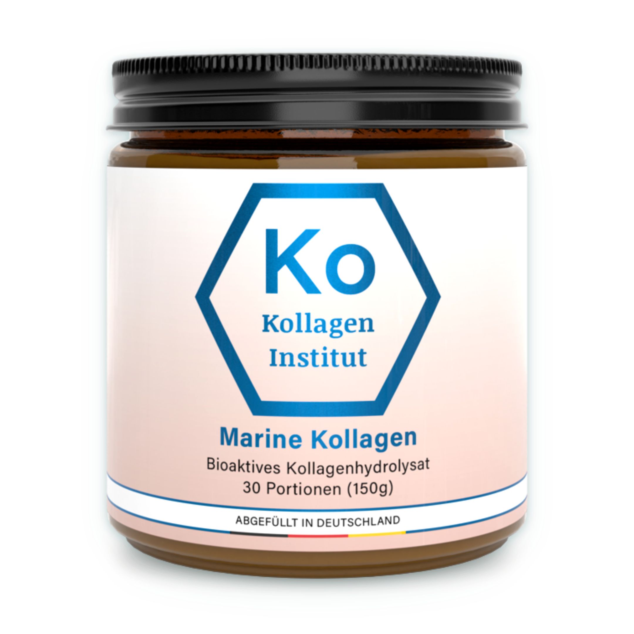 Braunes Glas mit schwarzem Deckel, gefüllt mit Kollagenpulver. Etikett mit blauem Sechseck-Logo und Text.