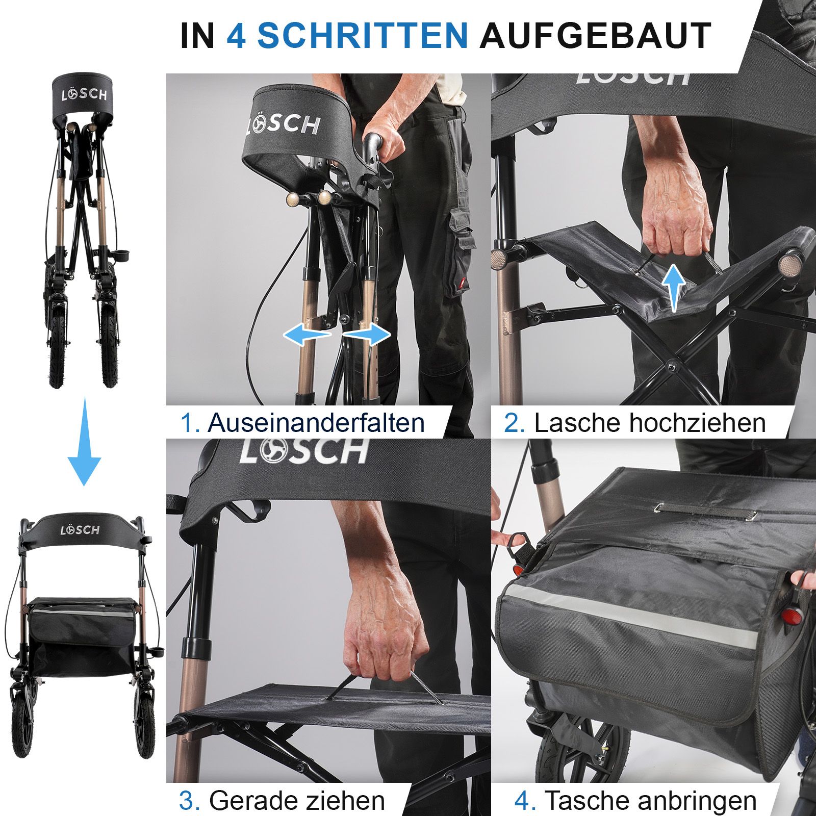 Rollator mit vier Rädern, schwarzem Sitz und Tasche. In 4 Schritten aufgebaut. Marke LÖSCH auf der Rückenlehne.